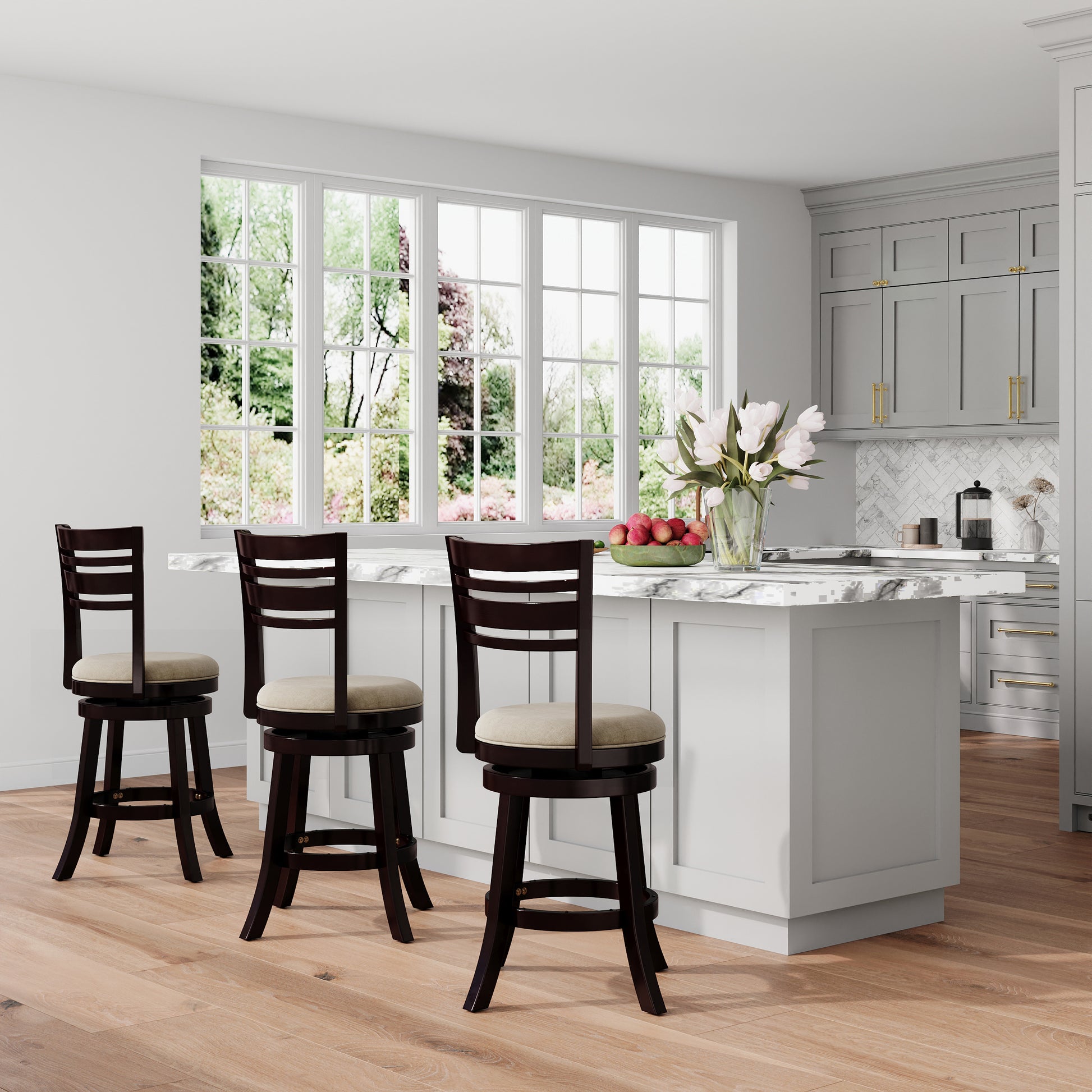 24" Counter Height Slat Back Swivel Stool, Espresso Finish, Beige Fabric Seat Espresso Fabric