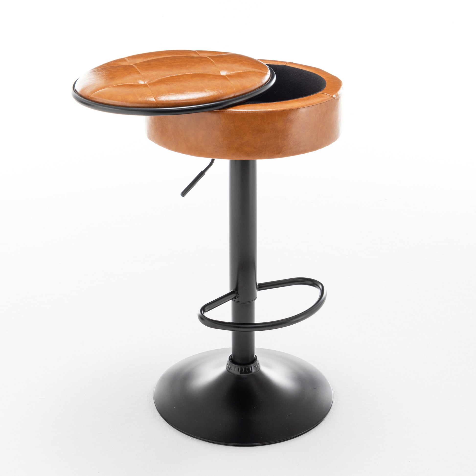 Round Storage Bar Stool Set Of 2, Brown Faux Leather Height Adjustable Barstool, 360 Counter Height Swivel Stool, Armless Bar Chair With Metal Frame For Kitchen Counter Dining Living Room Brown Set Of 2 Foam Pu Leather