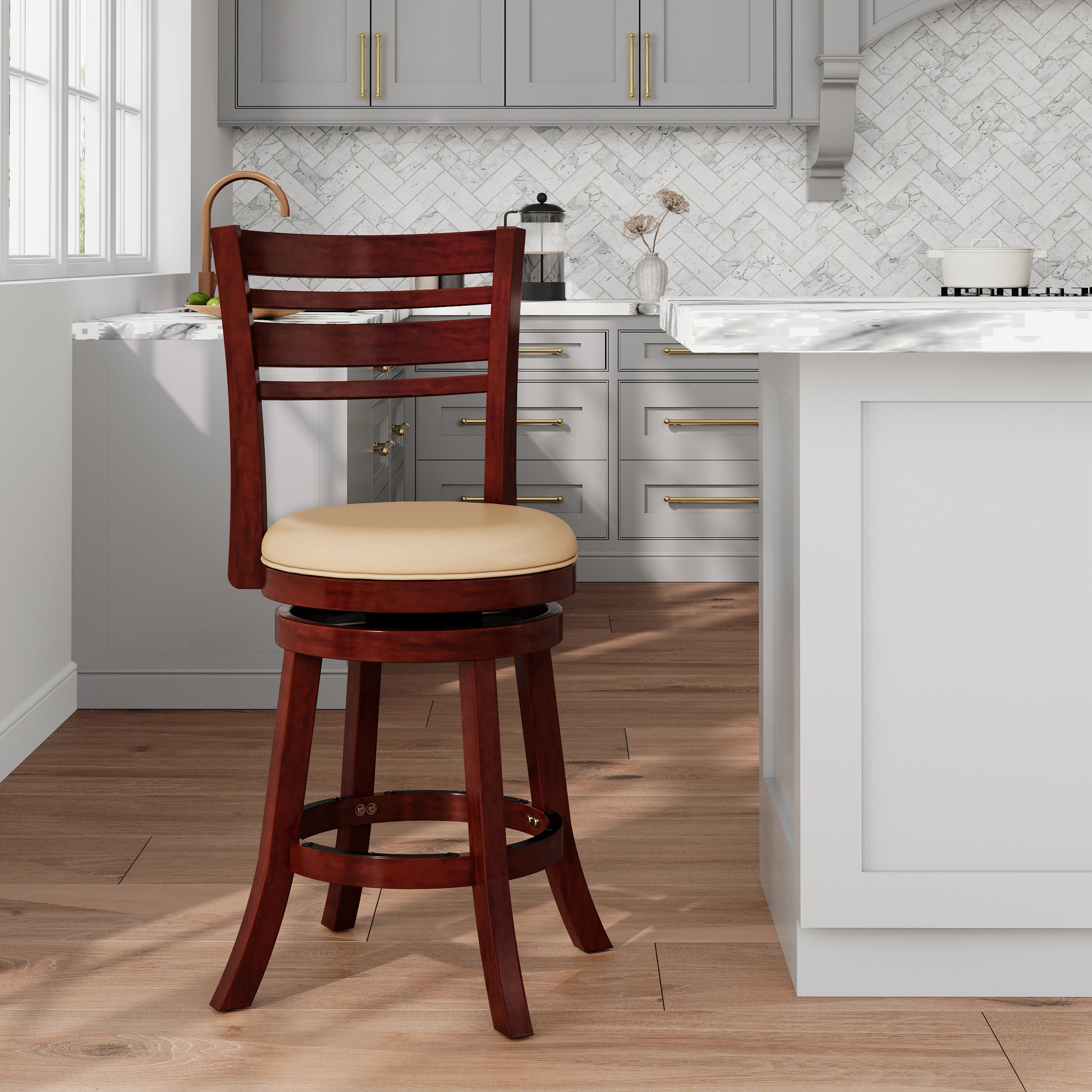 24" Counter Height Slat Back Swivel Stool, Cherry Finish, Bone Leather Seat Cherry Bonded Leather