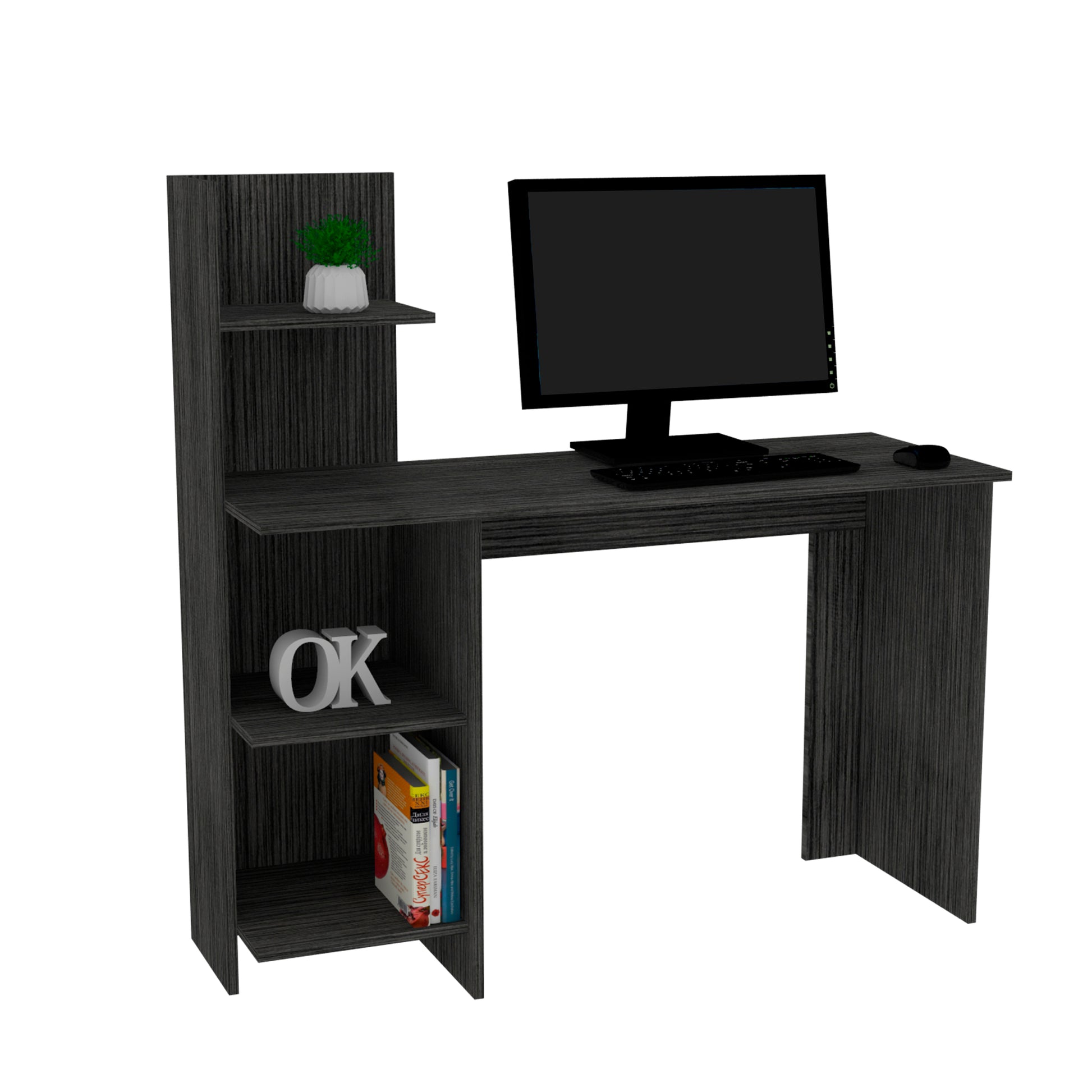 Tecoa Writing Desk, Four Shelves Grey Gray Office Modern Freestanding Shelves Desk Rectangular Particle Board Engineered Wood