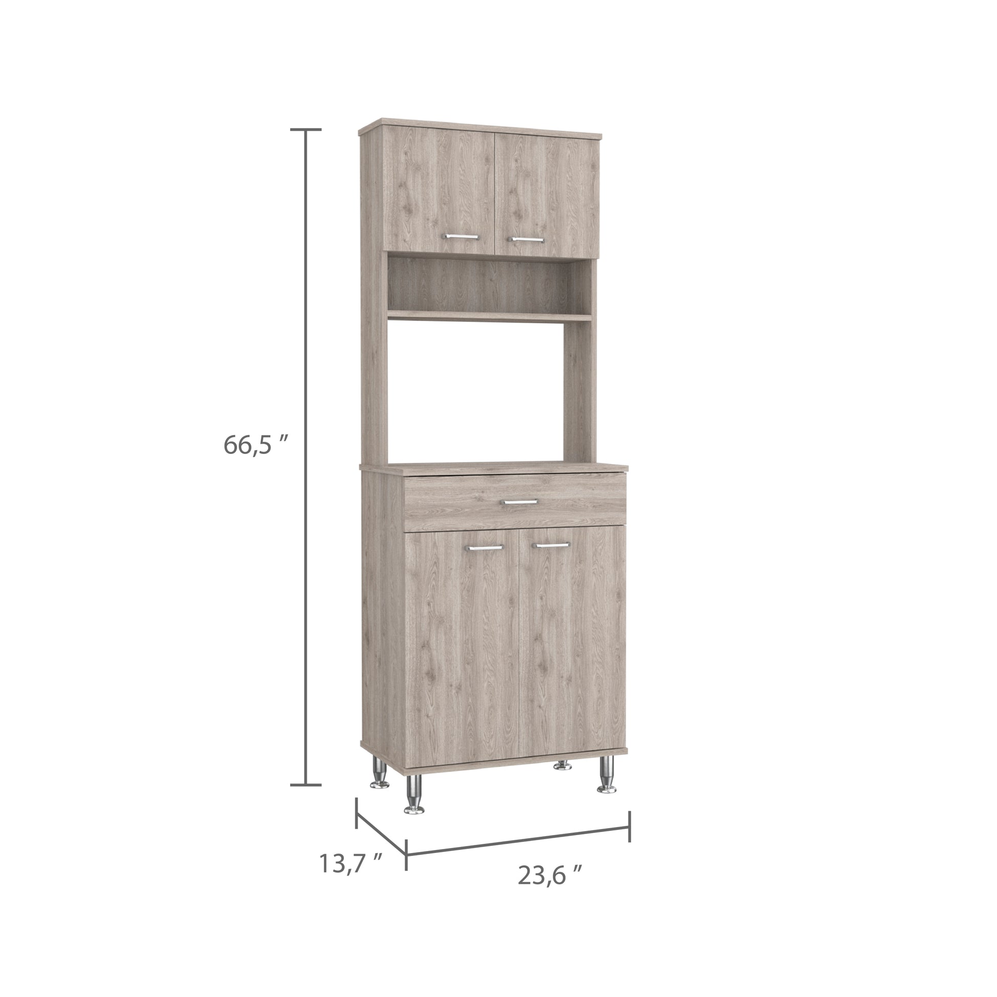 Bay Area Pantry, Two Door Cabinets, One Drawer, Four Adjustable Metal Legs Light Gray Kitchen Modern Particle Board Engineered Wood