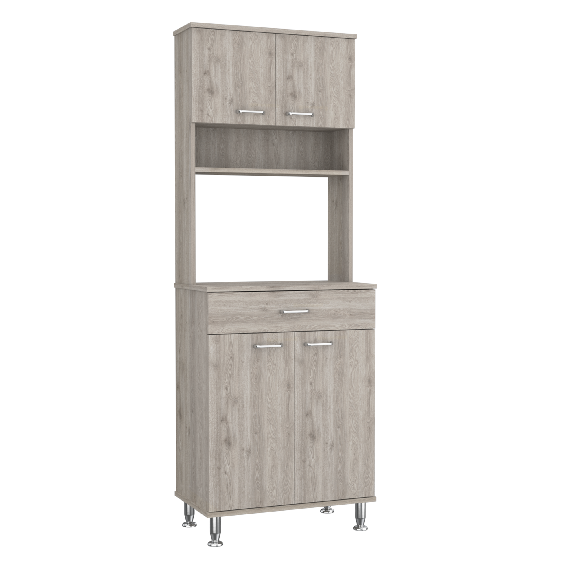 Bay Area Pantry, Two Door Cabinets, One Drawer, Four Adjustable Metal Legs Light Gray Kitchen Modern Particle Board Engineered Wood