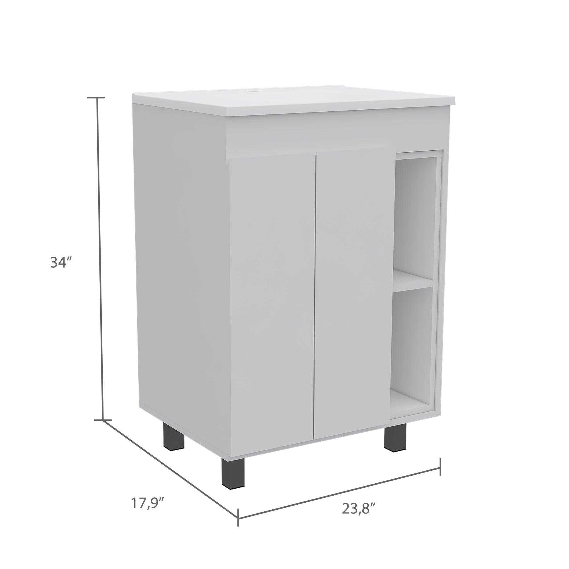 24" Meka Vanity, Two External Shelves, Double Door Cabinet White White Modern Particle Board Particle Board