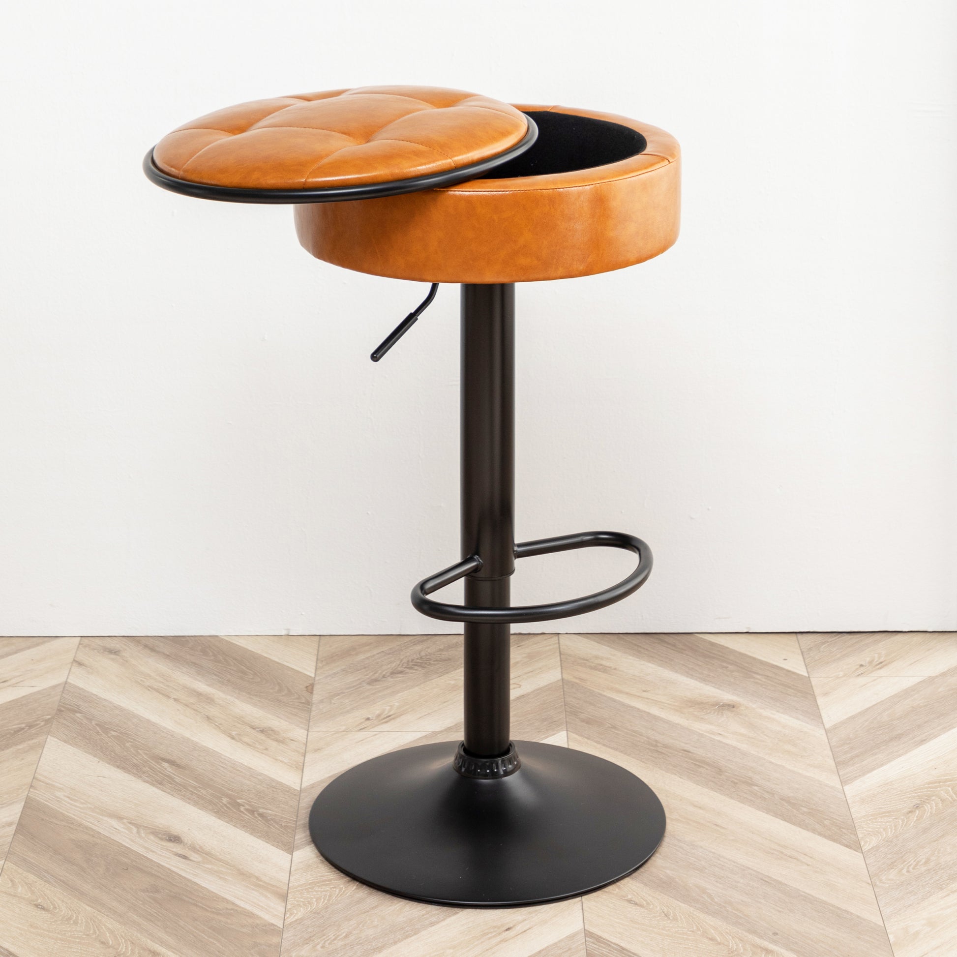 Round Storage Bar Stool Set Of 2, Brown Faux Leather Height Adjustable Barstool, 360 Counter Height Swivel Stool, Armless Bar Chair With Metal Frame For Kitchen Counter Dining Living Room Brown Set Of 2 Foam Pu Leather