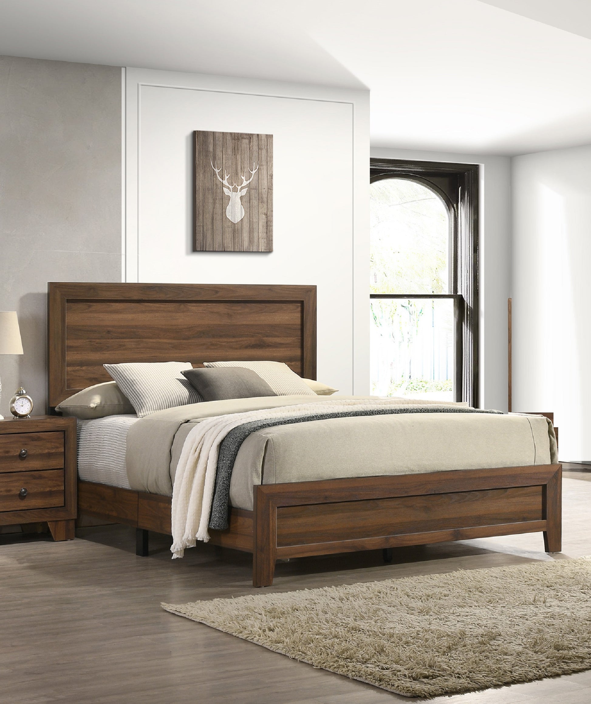 Brown Cherry Finish Fabric 1Pc Queen Size Panel Bed Beautiful Wooden Bedroom Furniture Contemporary Style Box Spring Required Queen Brown Bed Frame Wood