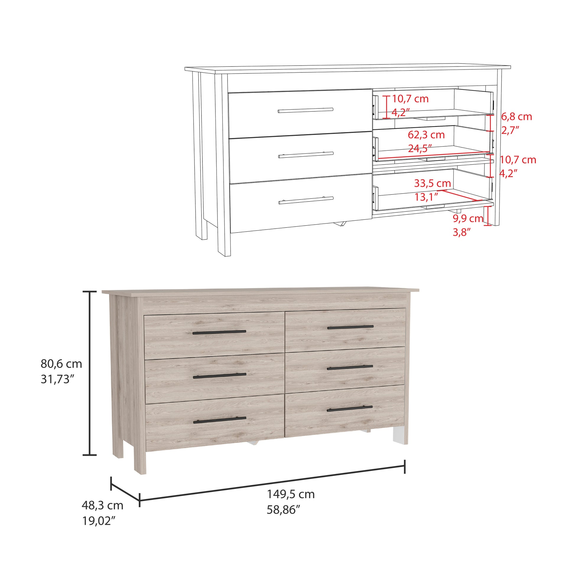 Hms 6 Drawer Double Dresser, Four Legs, Superior Top, Six Drawers Light Gray Gray Bedroom Modern Particle Board Particle Board