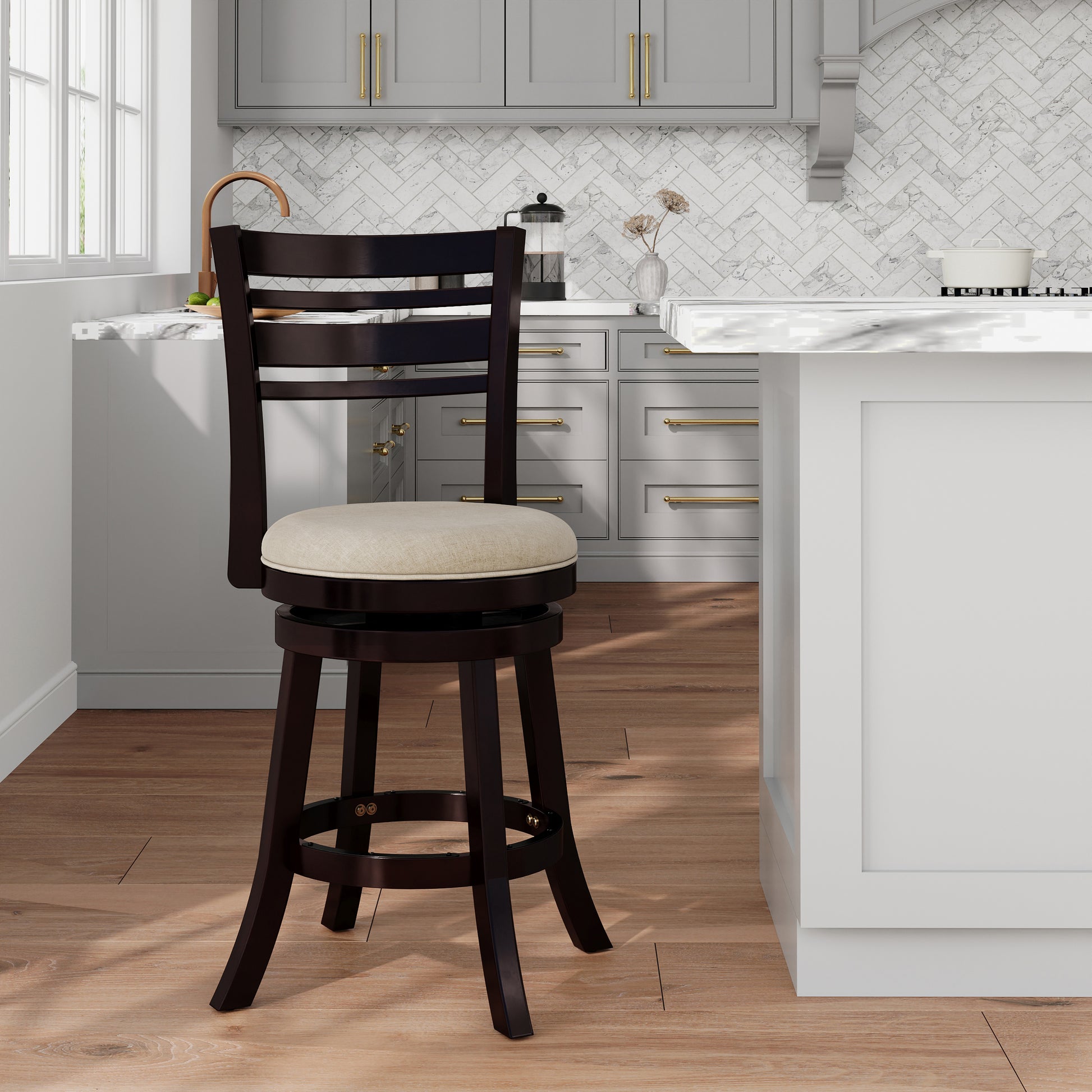 24" Counter Height Slat Back Swivel Stool, Espresso Finish, Beige Fabric Seat Espresso Fabric