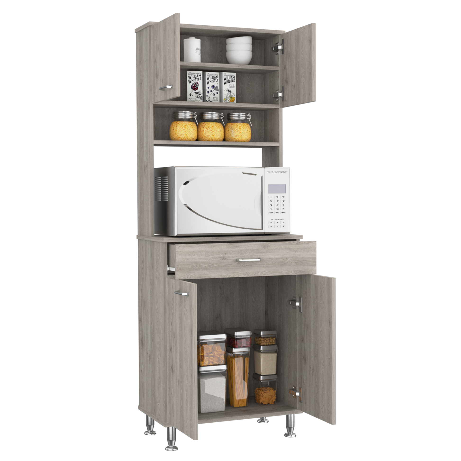 Bay Area Pantry, Two Door Cabinets, One Drawer, Four Adjustable Metal Legs Light Gray Kitchen Modern Particle Board Engineered Wood