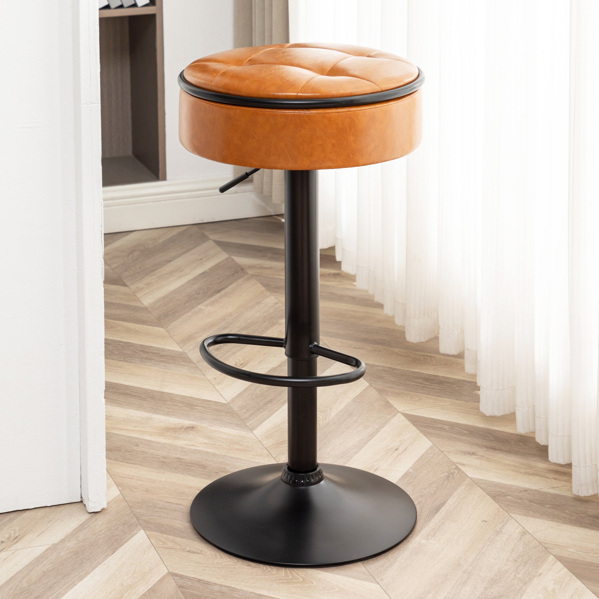 Round Storage Bar Stool Set Of 2, Brown Faux Leather Height Adjustable Barstool, 360 Counter Height Swivel Stool, Armless Bar Chair With Metal Frame For Kitchen Counter Dining Living Room Brown Set Of 2 Foam Pu Leather