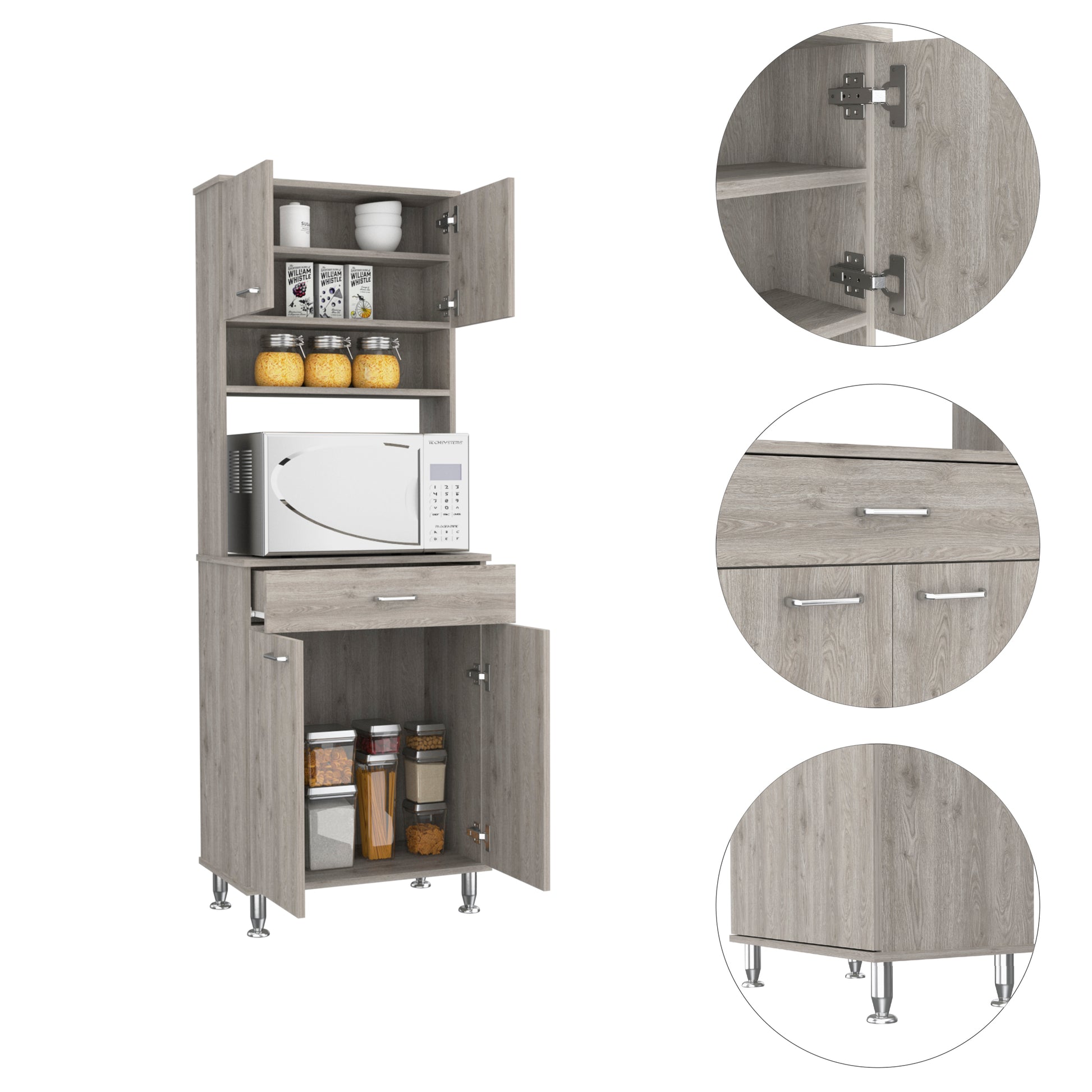 Bay Area Pantry, Two Door Cabinets, One Drawer, Four Adjustable Metal Legs Light Gray Kitchen Modern Particle Board Engineered Wood