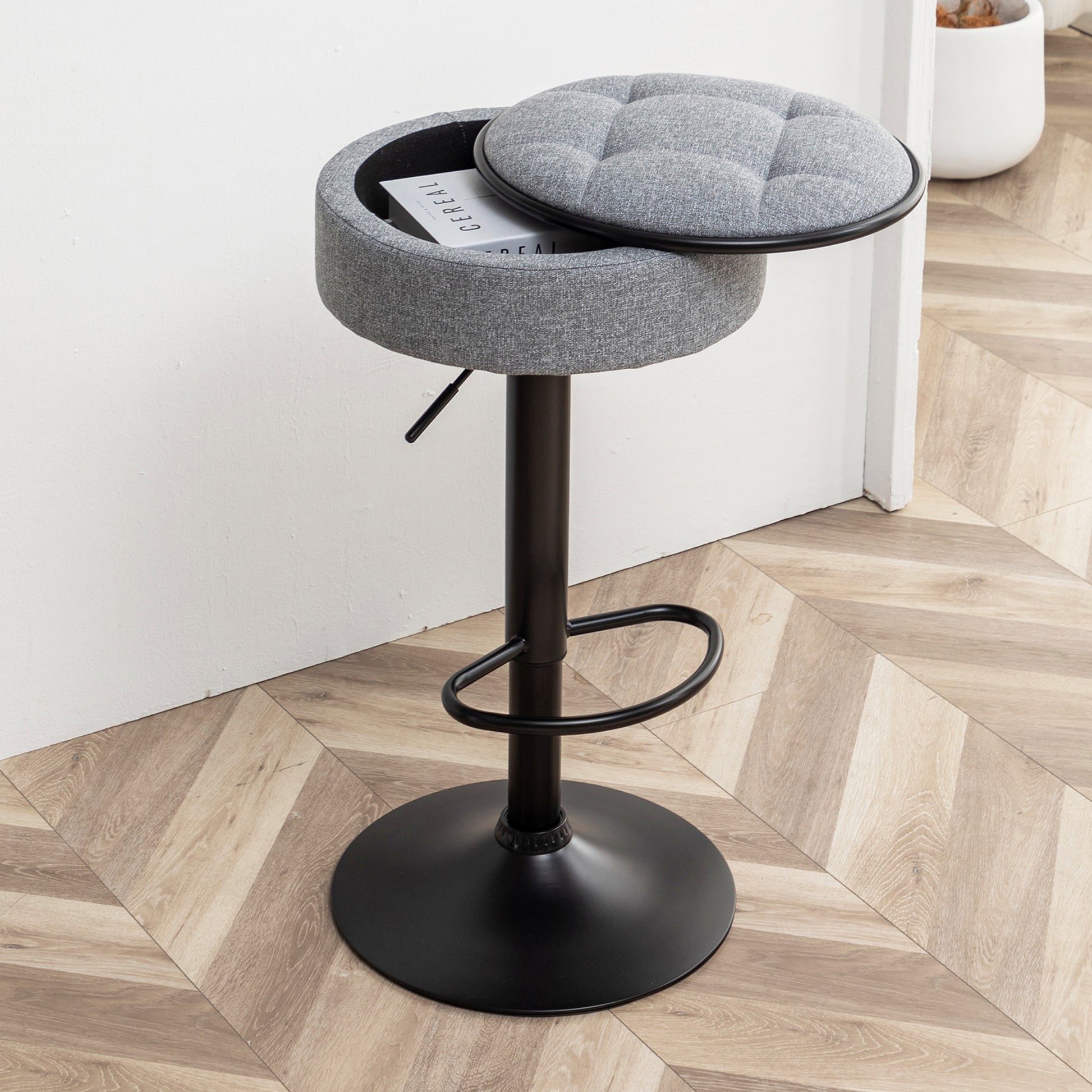 Round Storage Bar Stool Set Of 2, Grey Linen Height Adjustable Barstool, 360 Counter Height Swivel Stool, Armless Bar Chair With Metal Frame For Kitchen Counter Dining Living Room Grey Set Of 2 Foam Linen