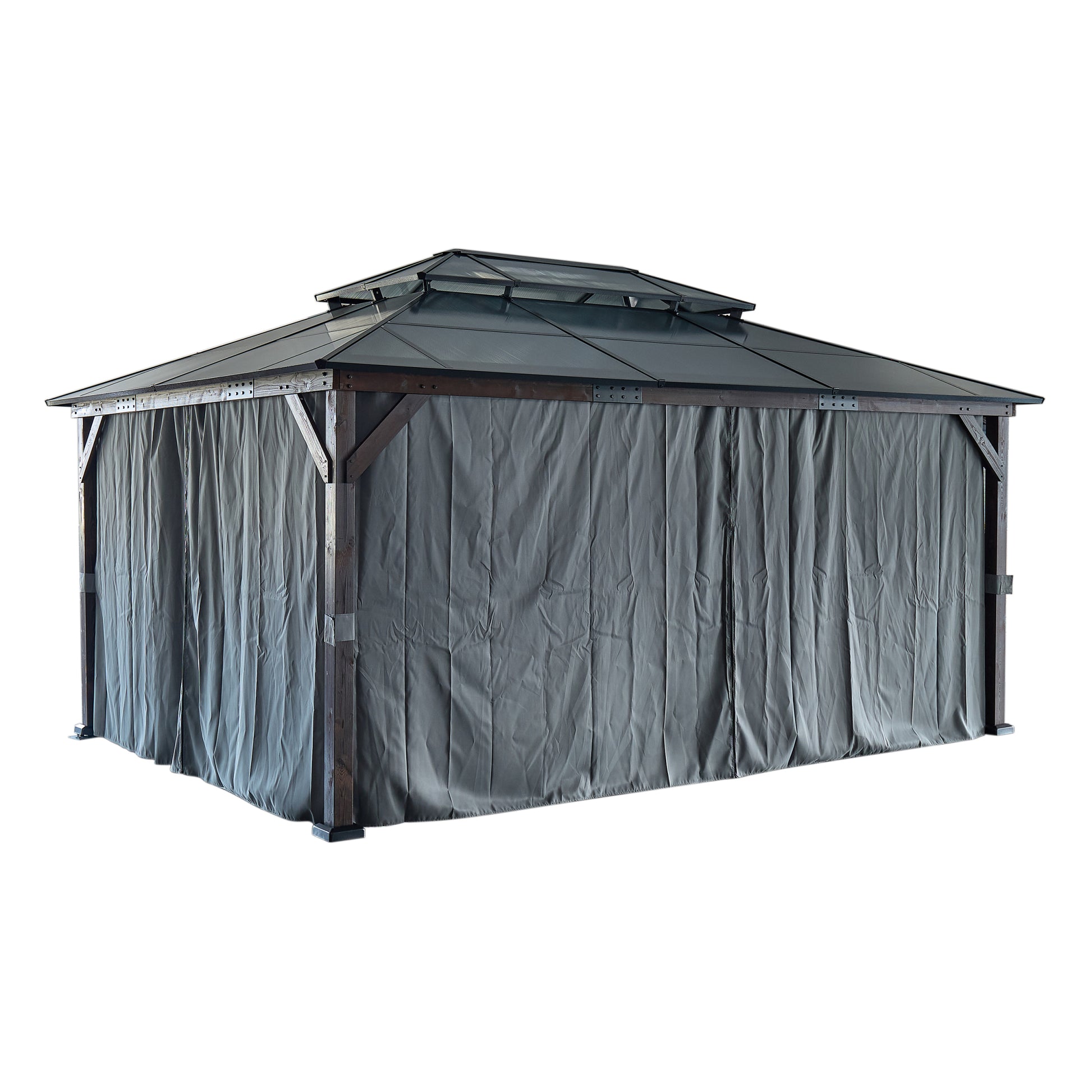 10' X 13' Hardtop Wood Gazebo For Patios, Outdoor Framed Gazebo With Polycarbonate Double Roof Canopy, Solid Wooden Framed Gazebo With Privacy Curtains And Mosquito Nettings For Garden, Backyard Black Brown Metal & Wood