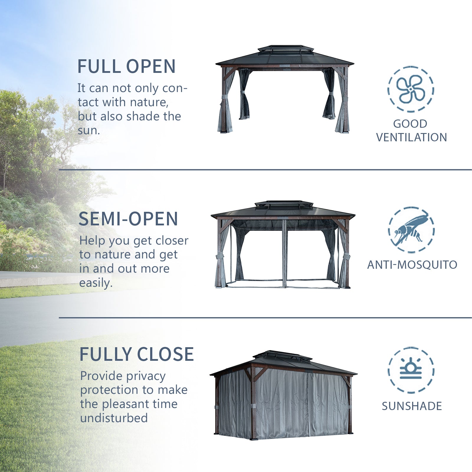 10' X 13' Hardtop Wood Gazebo For Patios, Outdoor Framed Gazebo With Polycarbonate Double Roof Canopy, Solid Wooden Framed Gazebo With Privacy Curtains And Mosquito Nettings For Garden, Backyard Black Brown Metal & Wood