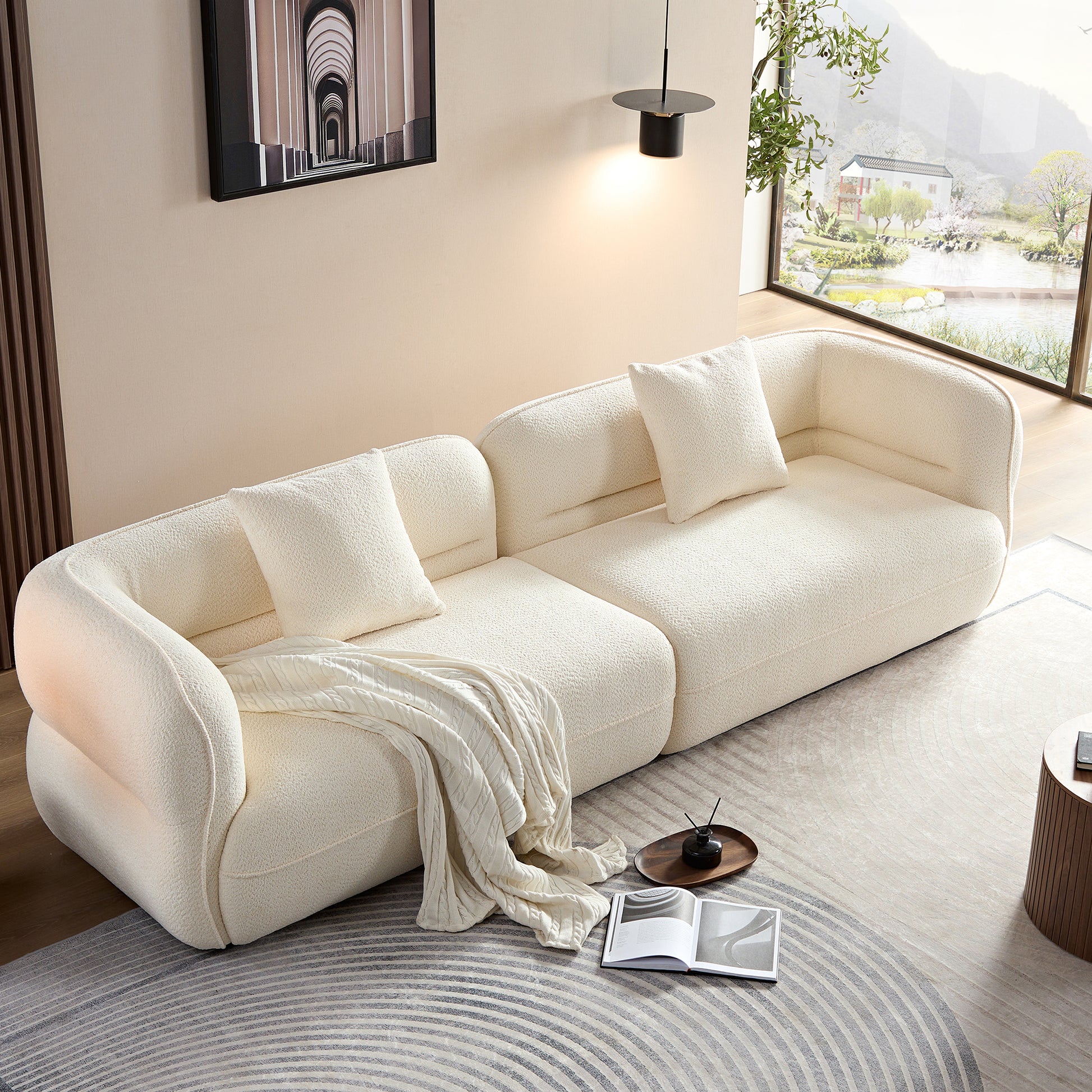 White Sectional Sofa, Durable Fabric, Solid Wood Frame, High Density Sponge Filler White Bathroom Medium Soft Fabric 3 Seat