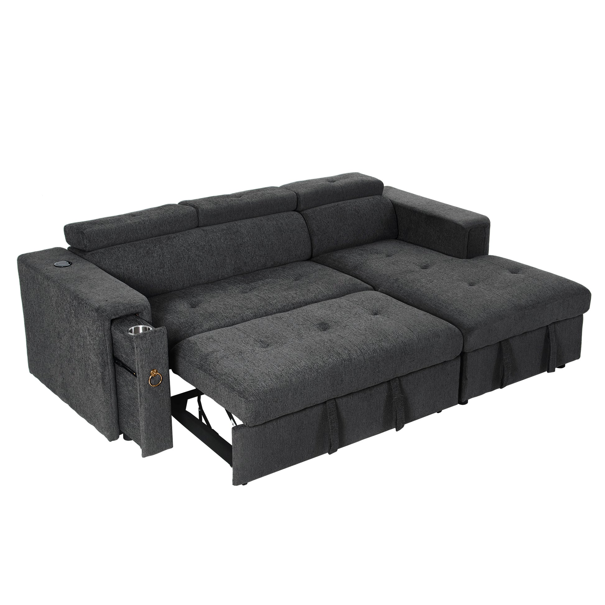 96" Multi Functional Pull Out Sofa Bed L Shape Sectional Sofa With Adjustable Headrest, Wireless Charging, Cup Holders And Hidden Storage For Living Room, Bedroom, Office, Grey Grey Foam Linen