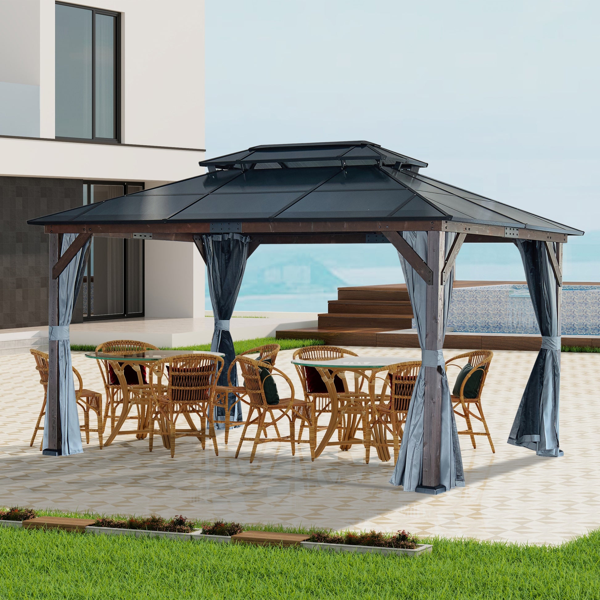 10' X 13' Hardtop Wood Gazebo For Patios, Outdoor Framed Gazebo With Polycarbonate Double Roof Canopy, Solid Wooden Framed Gazebo With Privacy Curtains And Mosquito Nettings For Garden, Backyard Black Brown Metal & Wood