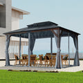 10' X 13' Hardtop Wood Gazebo For Patios, Outdoor Framed Gazebo With Polycarbonate Double Roof Canopy, Solid Wooden Framed Gazebo With Privacy Curtains And Mosquito Nettings For Garden, Backyard Black Brown Metal & Wood