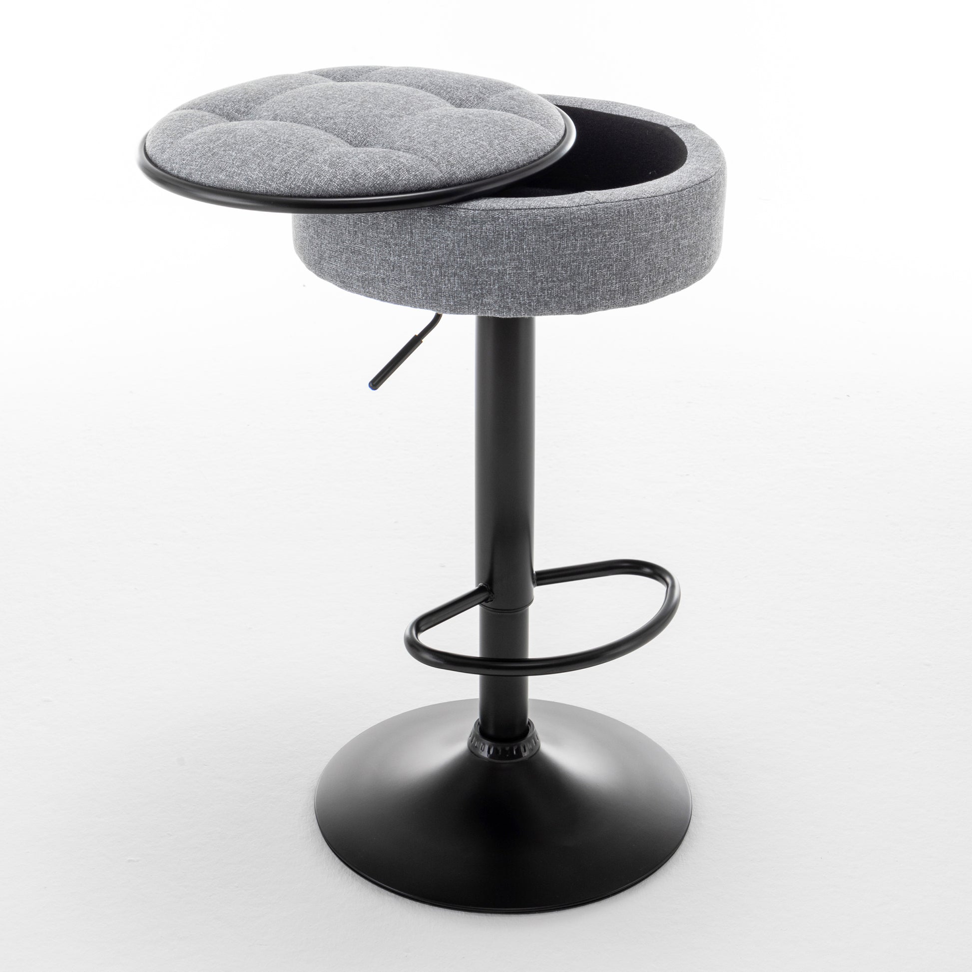 Round Storage Bar Stool Set Of 2, Grey Linen Height Adjustable Barstool, 360 Counter Height Swivel Stool, Armless Bar Chair With Metal Frame For Kitchen Counter Dining Living Room Grey Set Of 2 Foam Linen