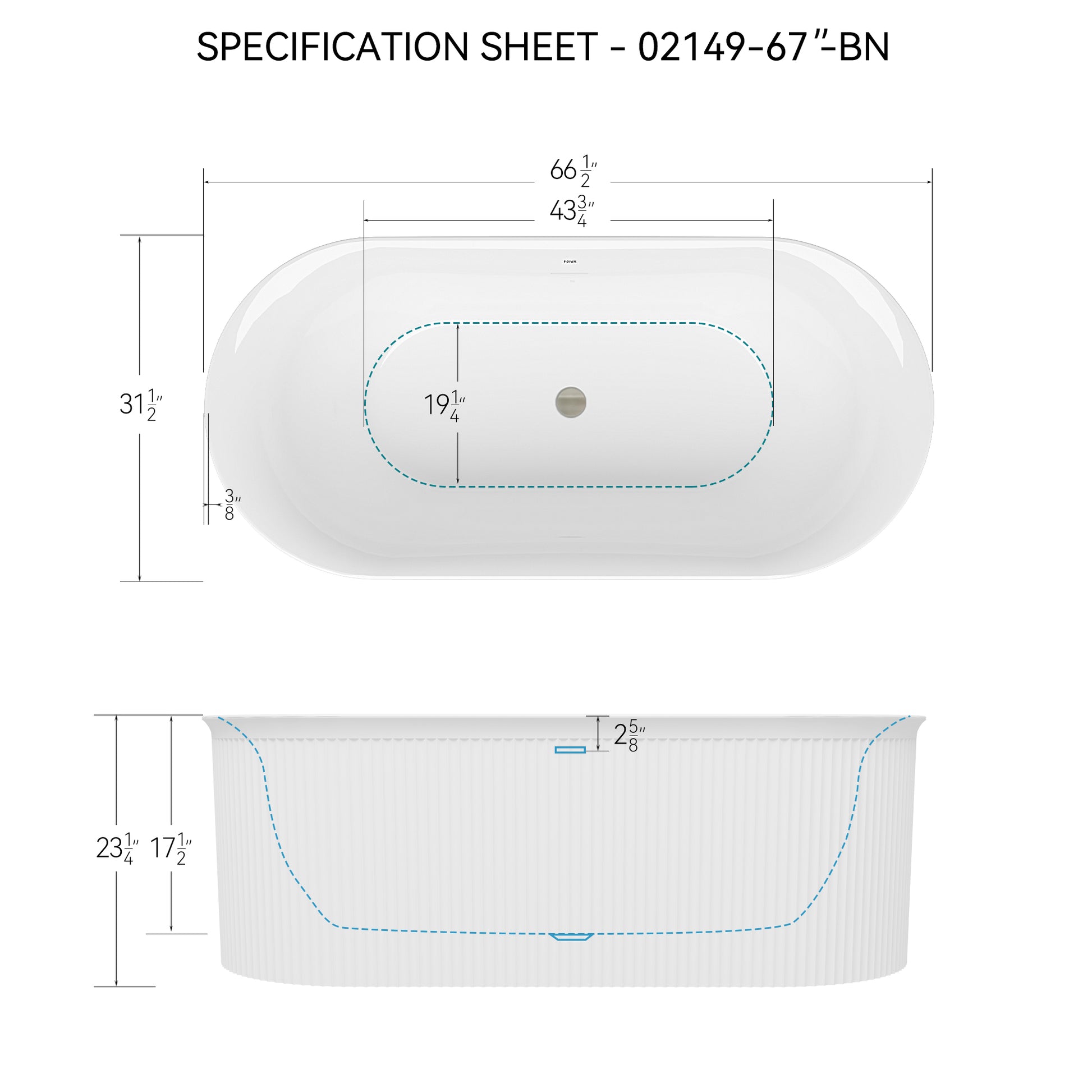 67" Acrylic Freestanding Bathtub Acrylic Soaking Tubs, Fluted Style Gloss White Freestanding Bathtub With Integrated Slotted Overflow And Brushed Nickel Toe Tap Drain, 02149 Bn Glossy White Oval Bathroom Freestanding Tubs Polished 61 69 In Contemporary