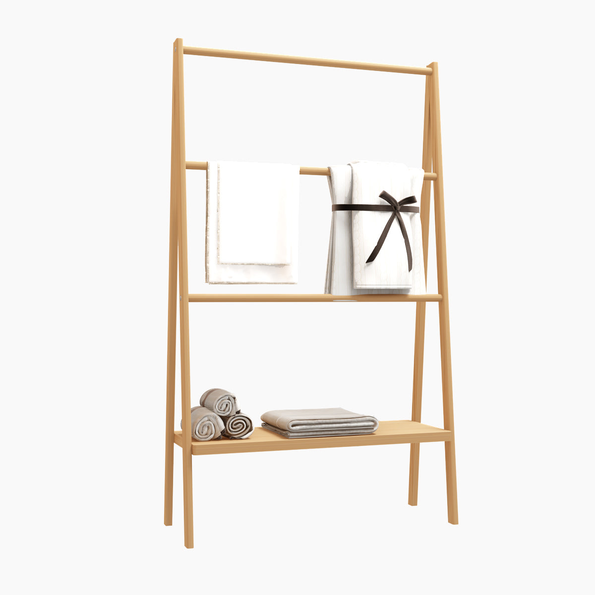 Bamboo Ladder Towel Rack With Storage Shelf Neutral Bathroom Chinese Bamboo