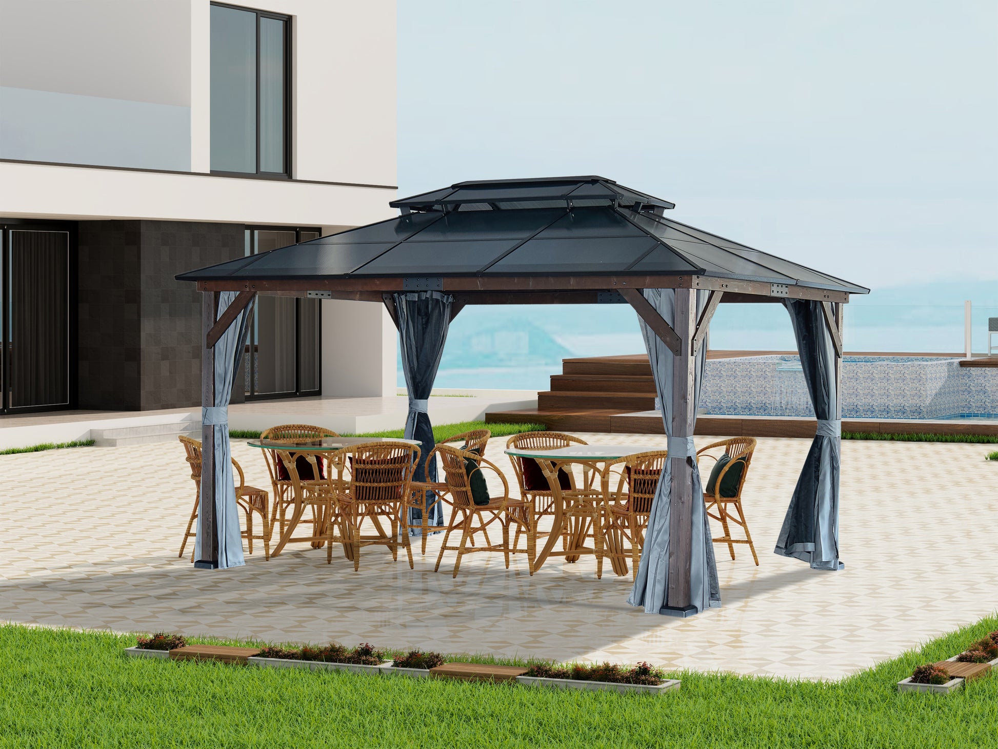 10' X 13' Hardtop Wood Gazebo For Patios, Outdoor Framed Gazebo With Polycarbonate Double Roof Canopy, Solid Wooden Framed Gazebo With Privacy Curtains And Mosquito Nettings For Garden, Backyard Black Brown Metal & Wood