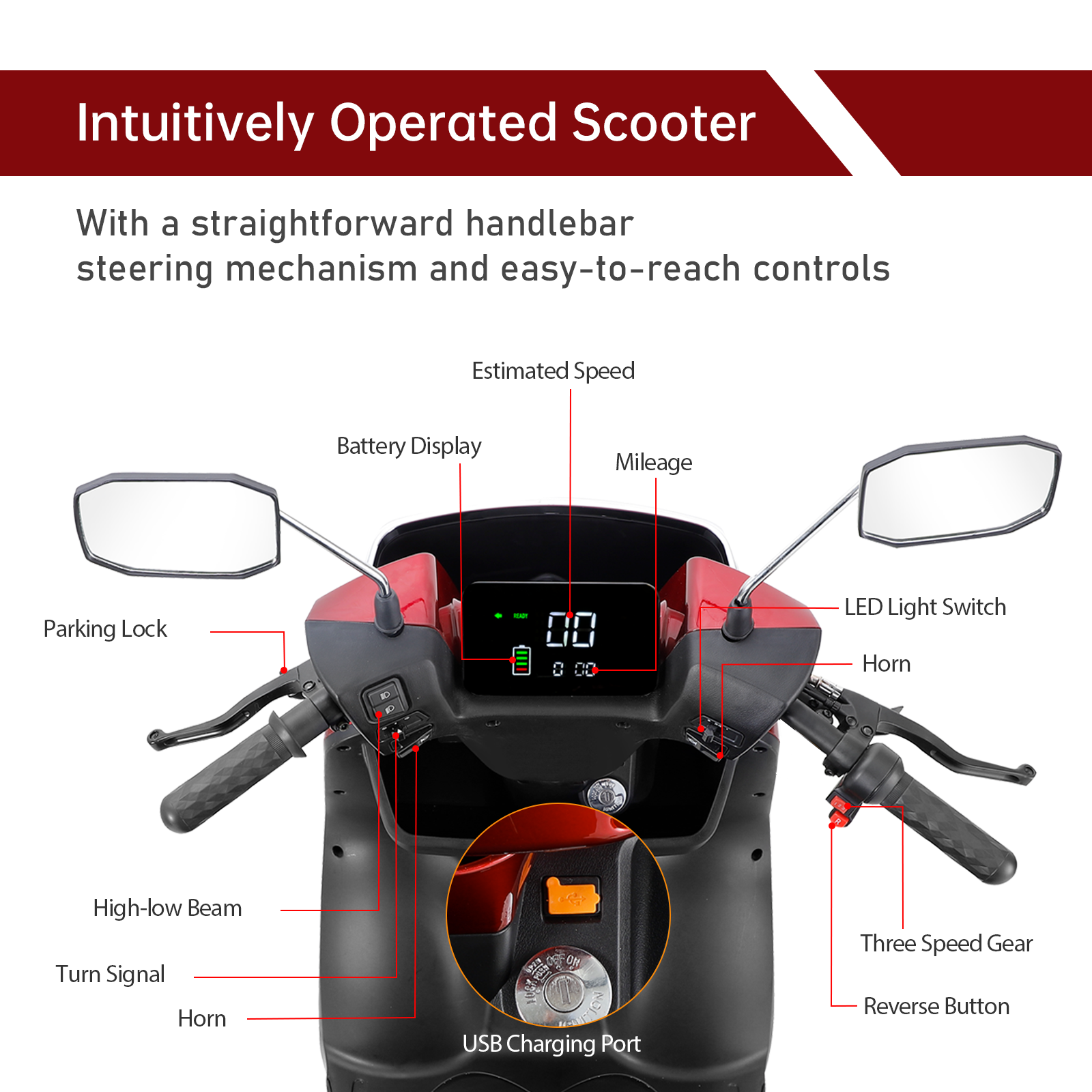 Electric Mobility Recreational Travel Scooter For Adults,Mobility Scooters For Seniors, 4 Wheel Powered Mobility Scooters Red Abs Pc