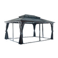 10' X 13' Hardtop Wood Gazebo For Patios, Outdoor Framed Gazebo With Polycarbonate Double Roof Canopy, Solid Wooden Framed Gazebo With Privacy Curtains And Mosquito Nettings For Garden, Backyard Black Brown Metal & Wood