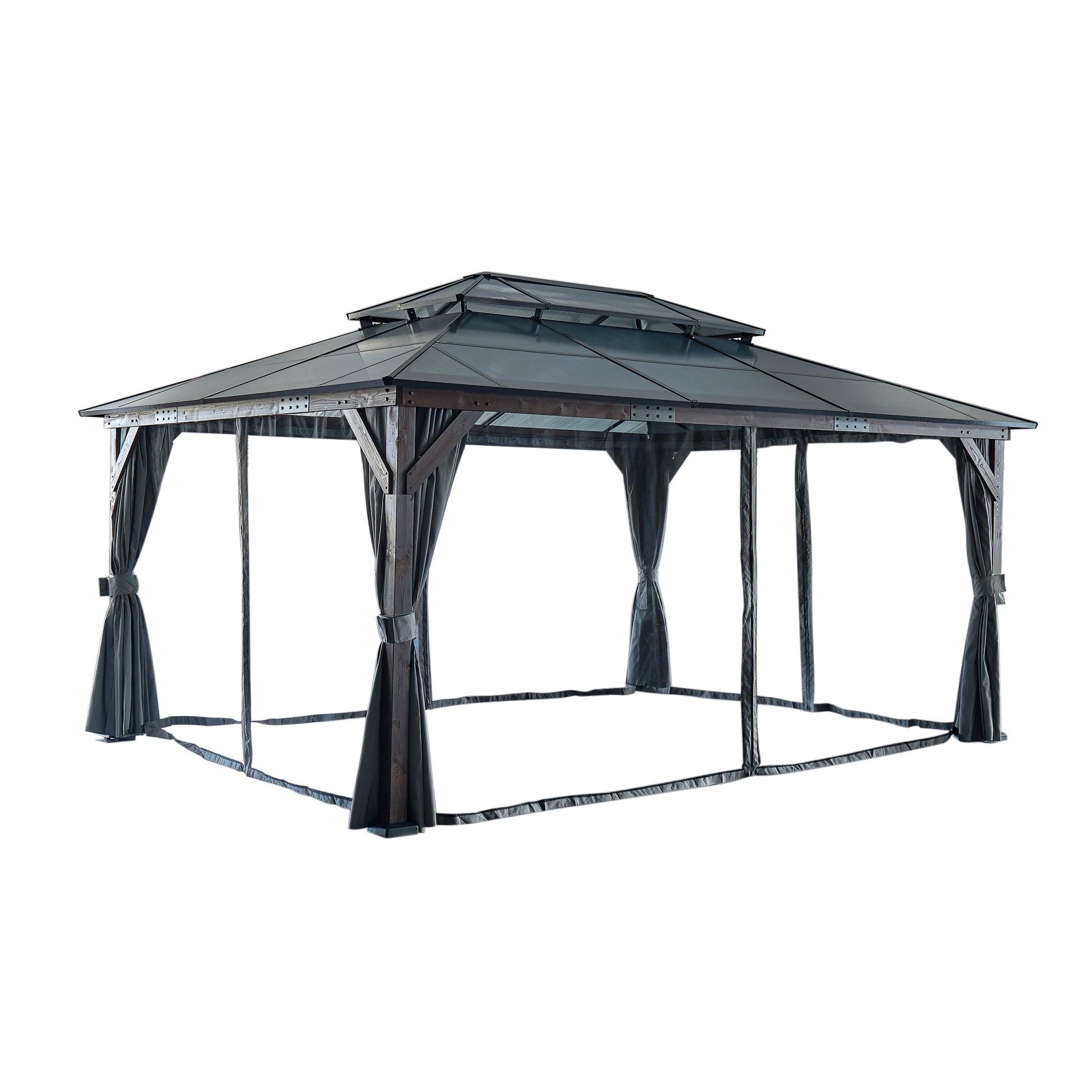 10' X 13' Hardtop Wood Gazebo For Patios, Outdoor Framed Gazebo With Polycarbonate Double Roof Canopy, Solid Wooden Framed Gazebo With Privacy Curtains And Mosquito Nettings For Garden, Backyard Black Brown Metal & Wood