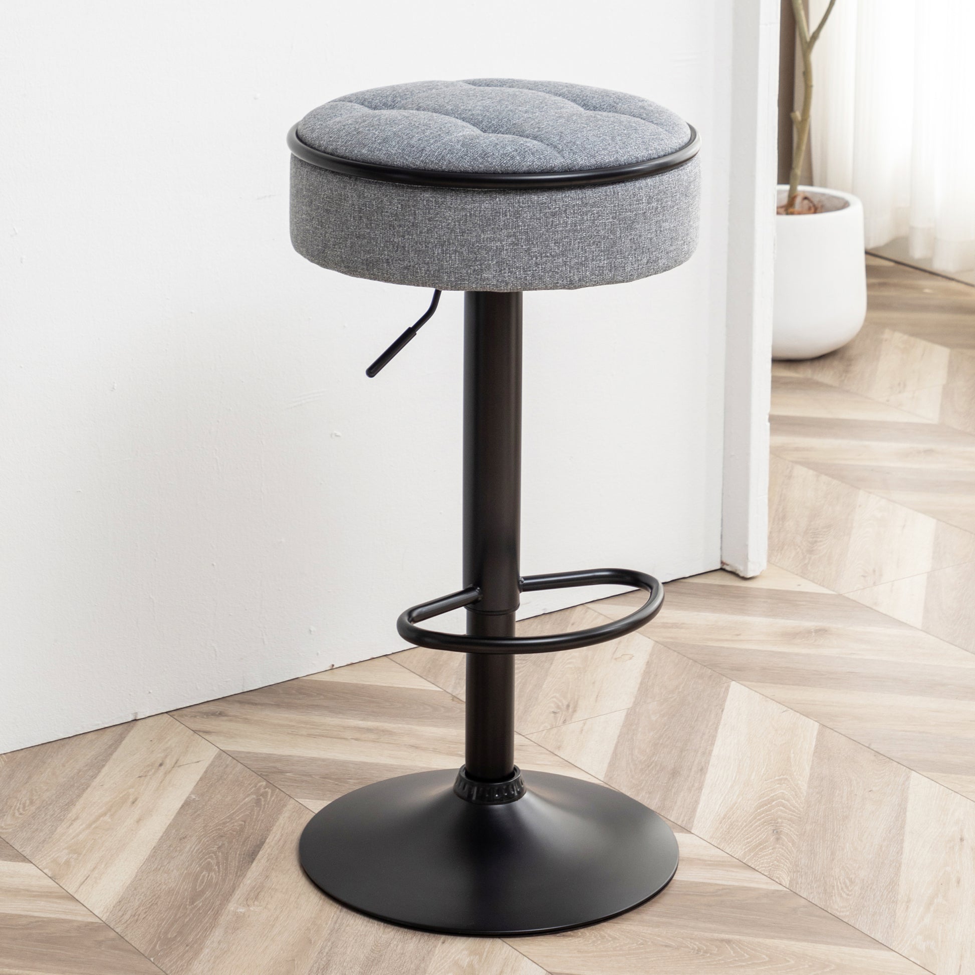 Round Storage Bar Stool Set Of 2, Grey Linen Height Adjustable Barstool, 360 Counter Height Swivel Stool, Armless Bar Chair With Metal Frame For Kitchen Counter Dining Living Room Grey Set Of 2 Foam Linen