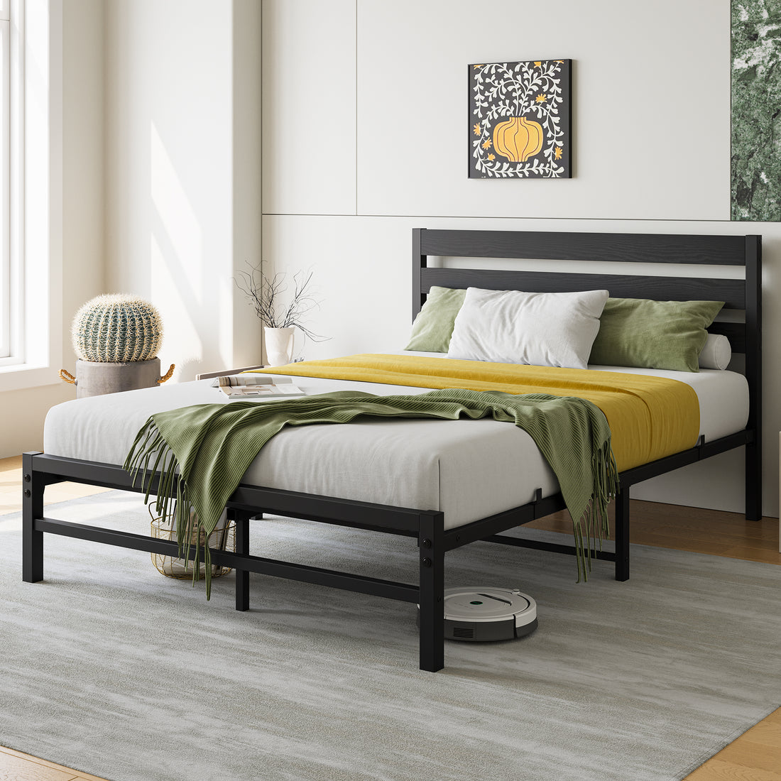 Full Size Platform Bed Frame With Rustic Vintage Wood Headboard, No Box Spring Needed Black Box Spring Not Required Full Black Metal Bedroom Bed Frame Metal & Wood