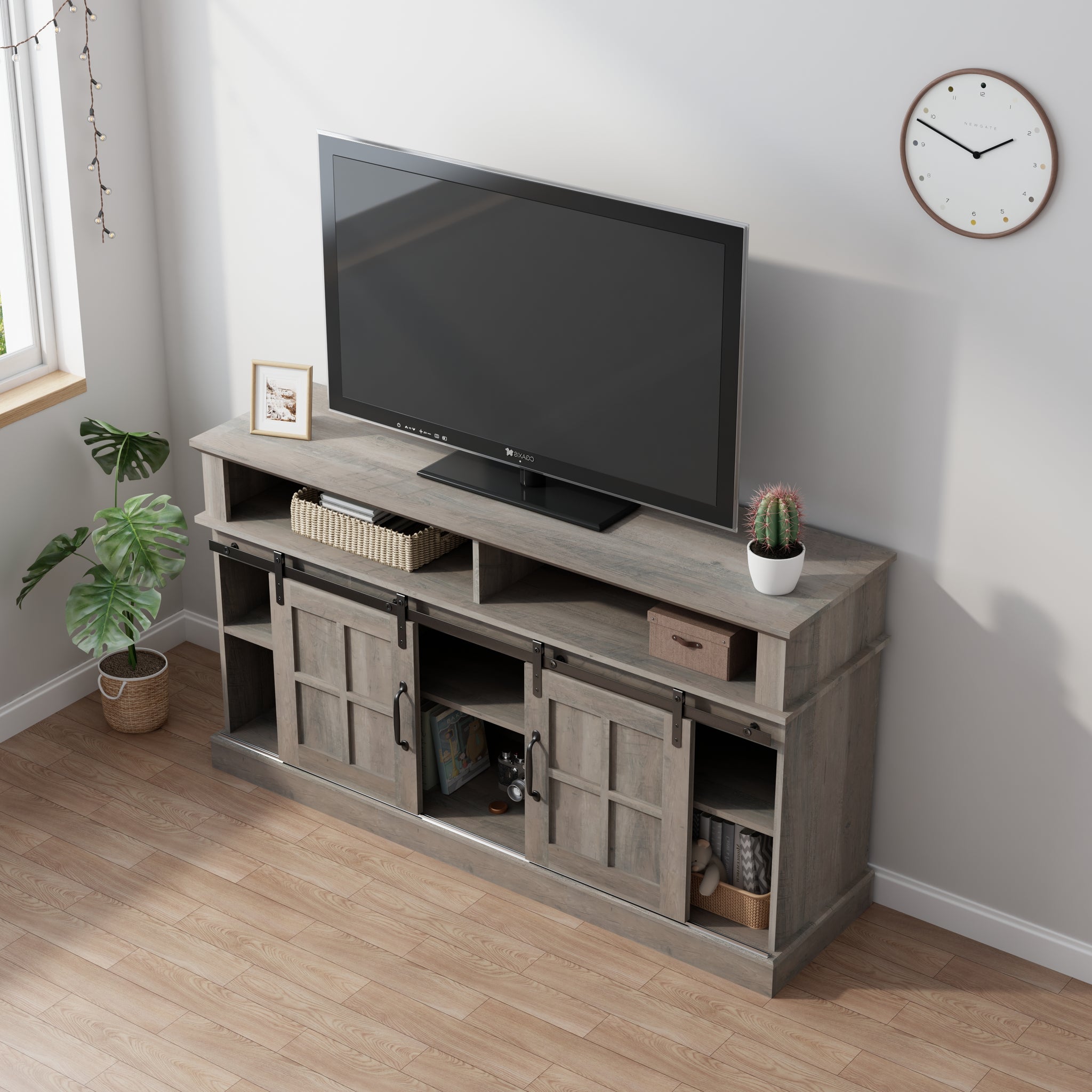 58 Inch Tv Stand With Storage Cabinet And Shelves, Tv Console Table Entertainment Center For Living Room,Bedroom Grey 50 59 Inches Particle Board