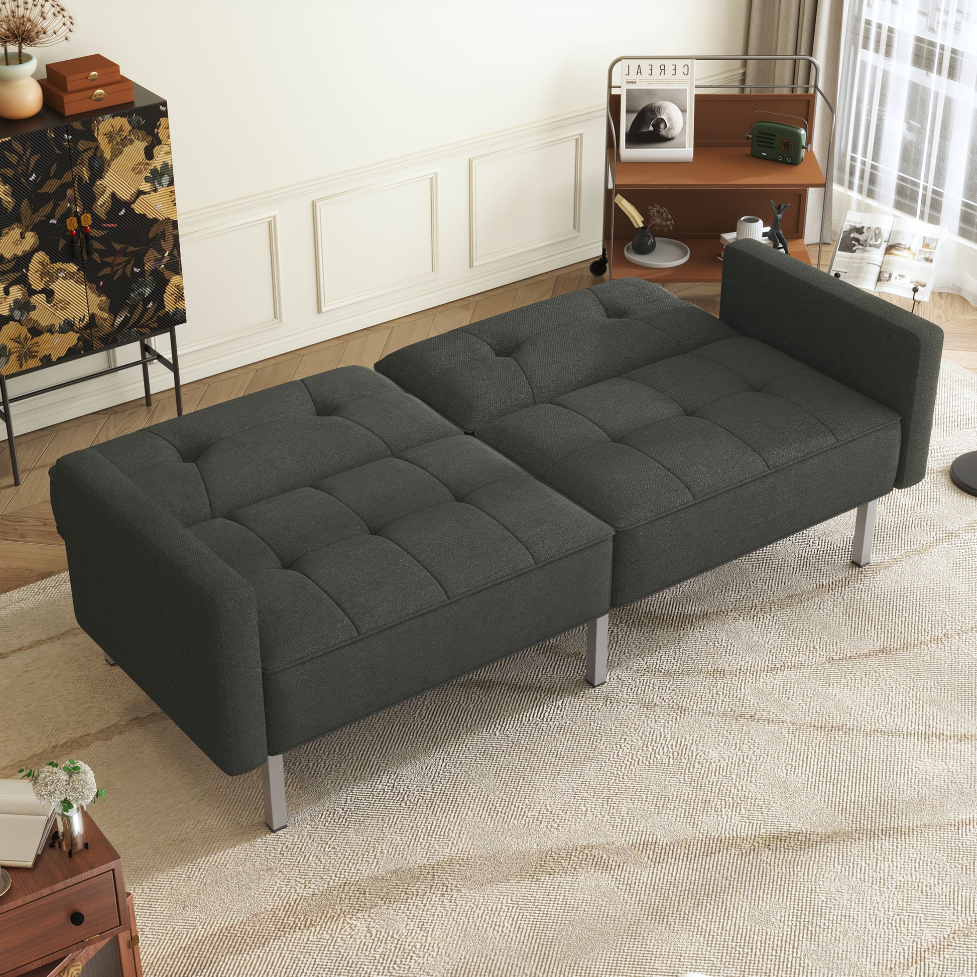 Orisfur. Linen Upholstered Modern Convertible Folding Futon Sofa Bed For Compact Living Space, Apartment, Dorm, Black Black Foam Linen