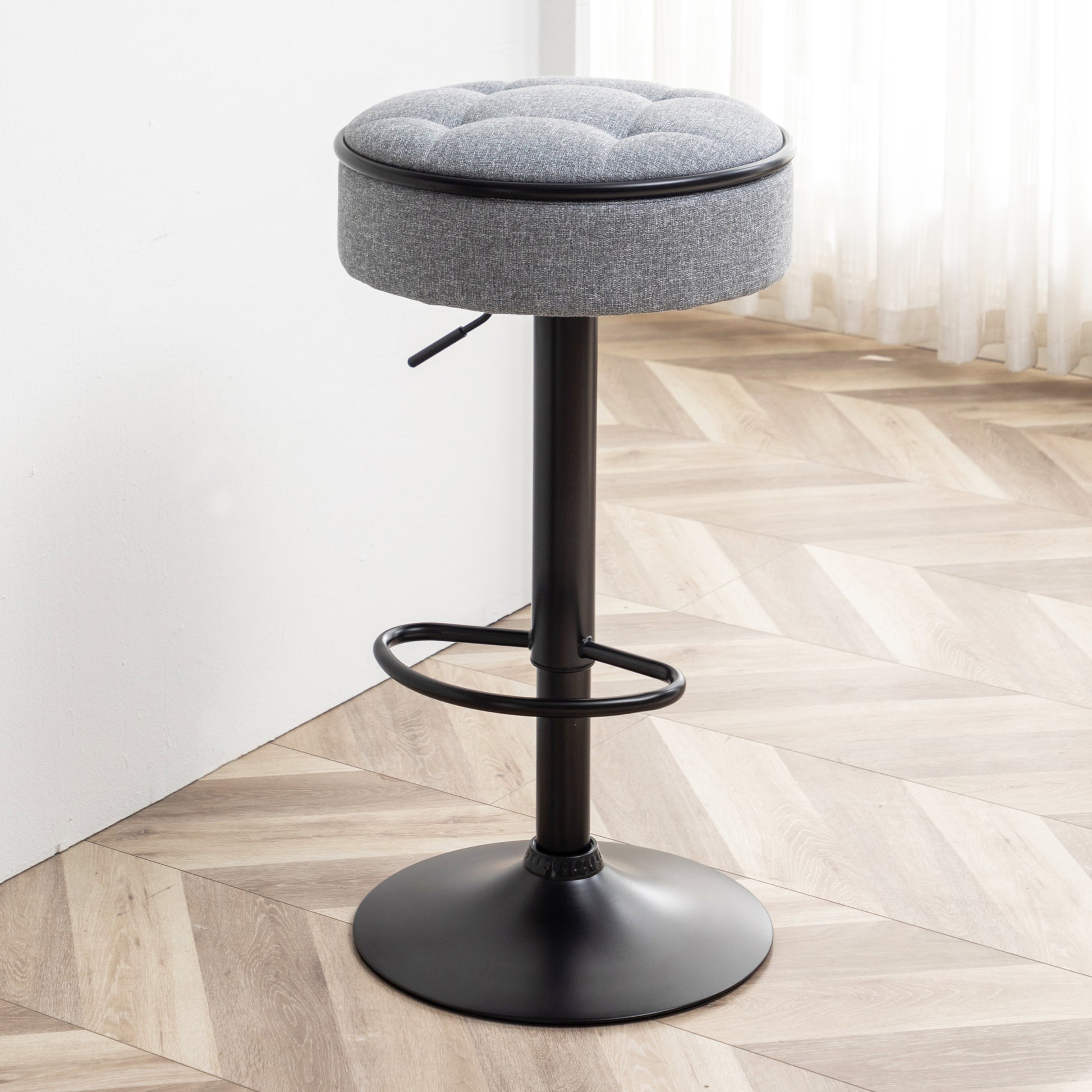 Round Storage Bar Stool Set Of 2, Grey Linen Height Adjustable Barstool, 360 Counter Height Swivel Stool, Armless Bar Chair With Metal Frame For Kitchen Counter Dining Living Room Grey Set Of 2 Foam Linen