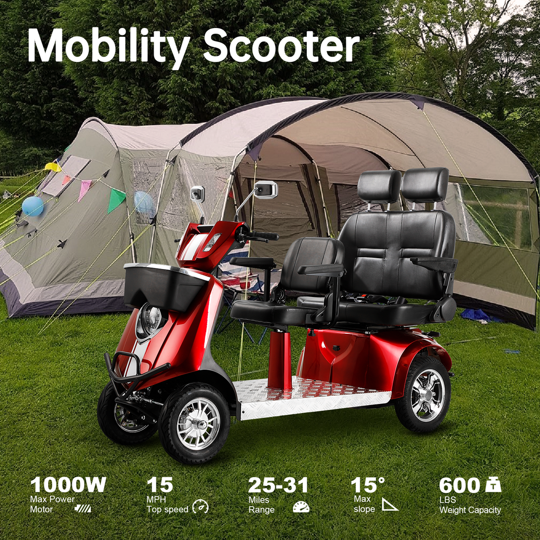 Electric Mobility Recreational Travel Scooter For Adults,Mobility Scooters For Seniors, 4 Wheel Powered Mobility Scooters Red Abs Pc