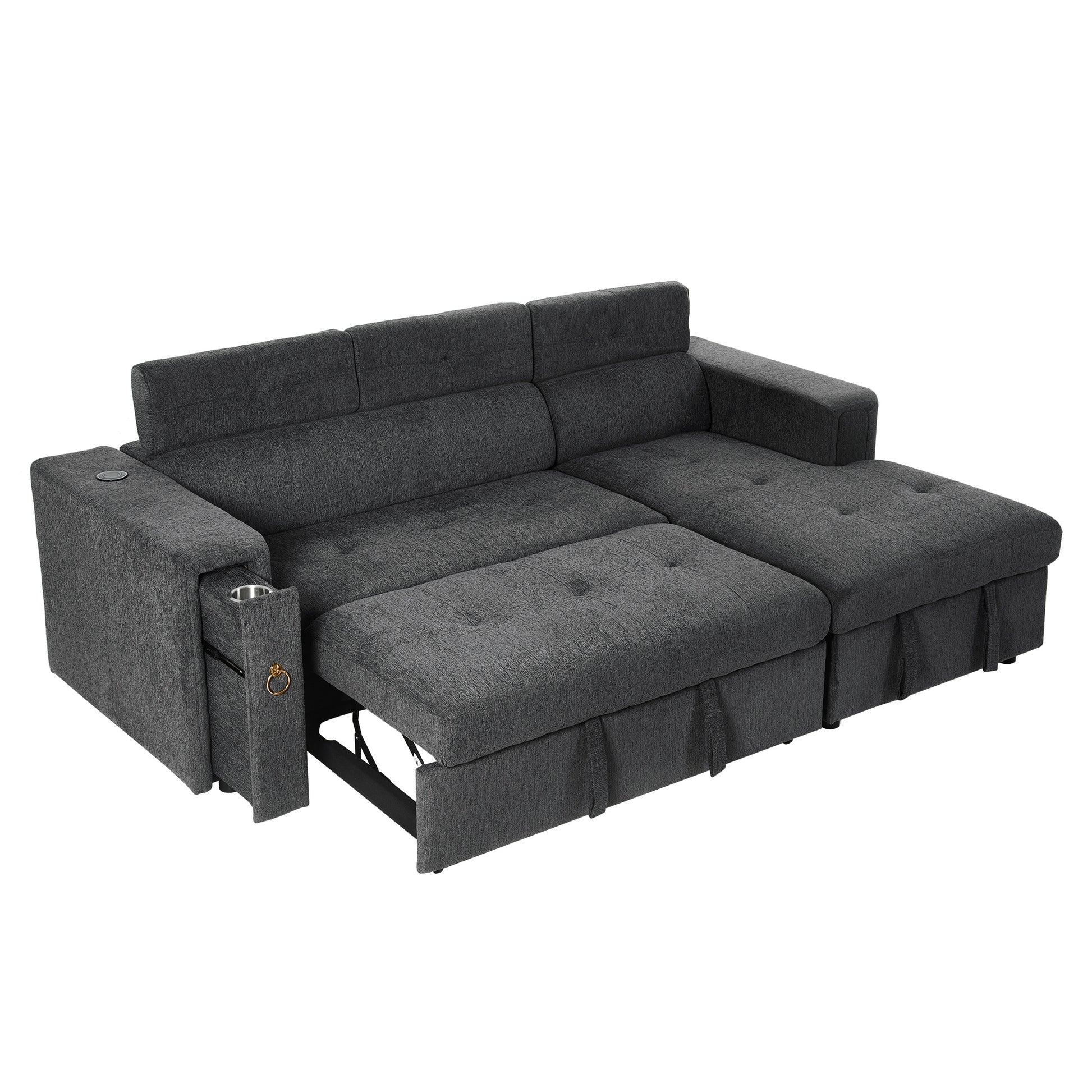 96" Multi Functional Pull Out Sofa Bed L Shape Sectional Sofa With Adjustable Headrest, Wireless Charging, Cup Holders And Hidden Storage For Living Room, Bedroom, Office, Grey Grey Foam Linen