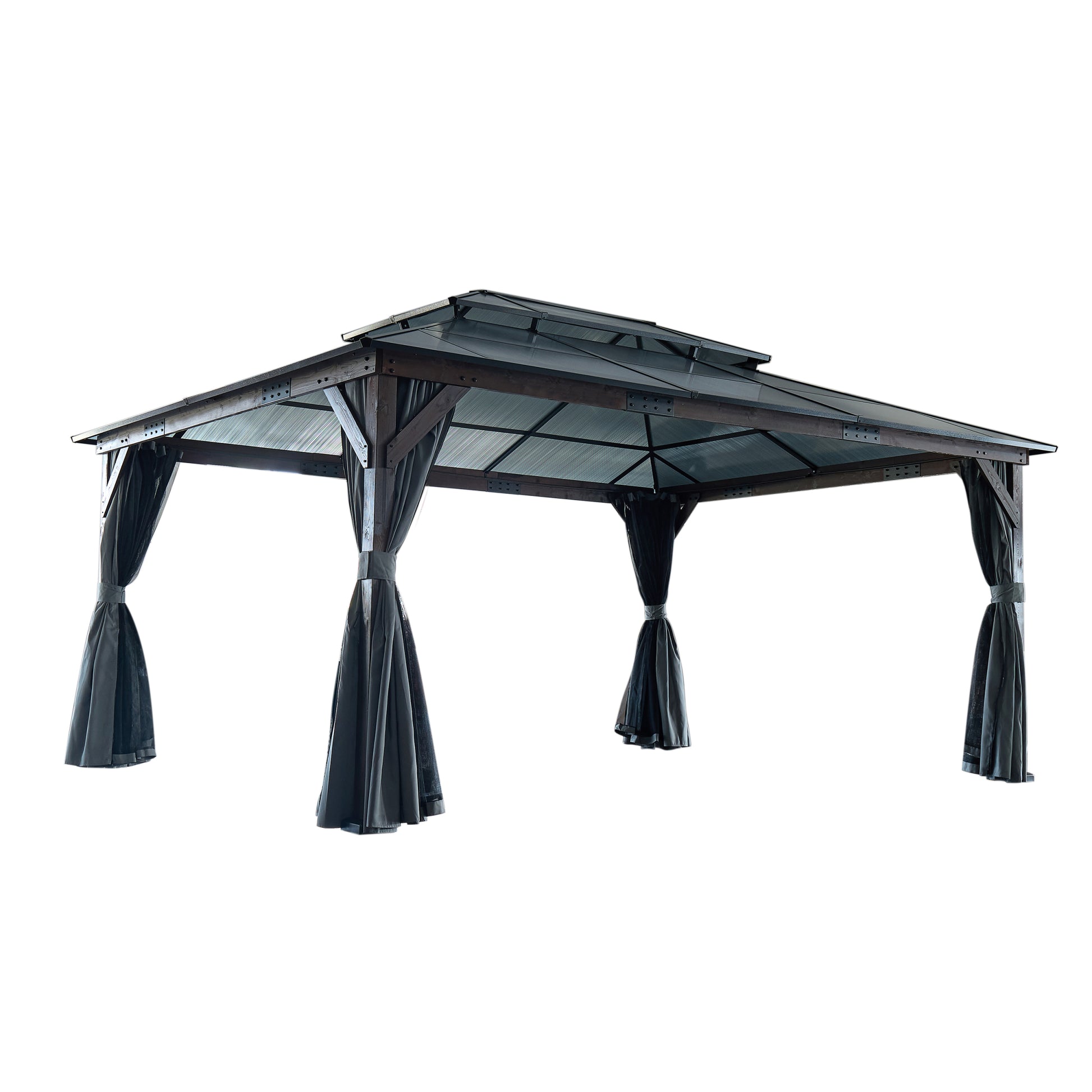 10' X 13' Hardtop Wood Gazebo For Patios, Outdoor Framed Gazebo With Polycarbonate Double Roof Canopy, Solid Wooden Framed Gazebo With Privacy Curtains And Mosquito Nettings For Garden, Backyard Black Brown Metal & Wood