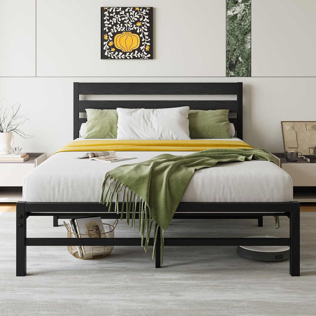 Full Size Platform Bed Frame With Rustic Vintage Wood Headboard, No Box Spring Needed Black Box Spring Not Required Full Black Metal Bedroom Bed Frame Metal & Wood