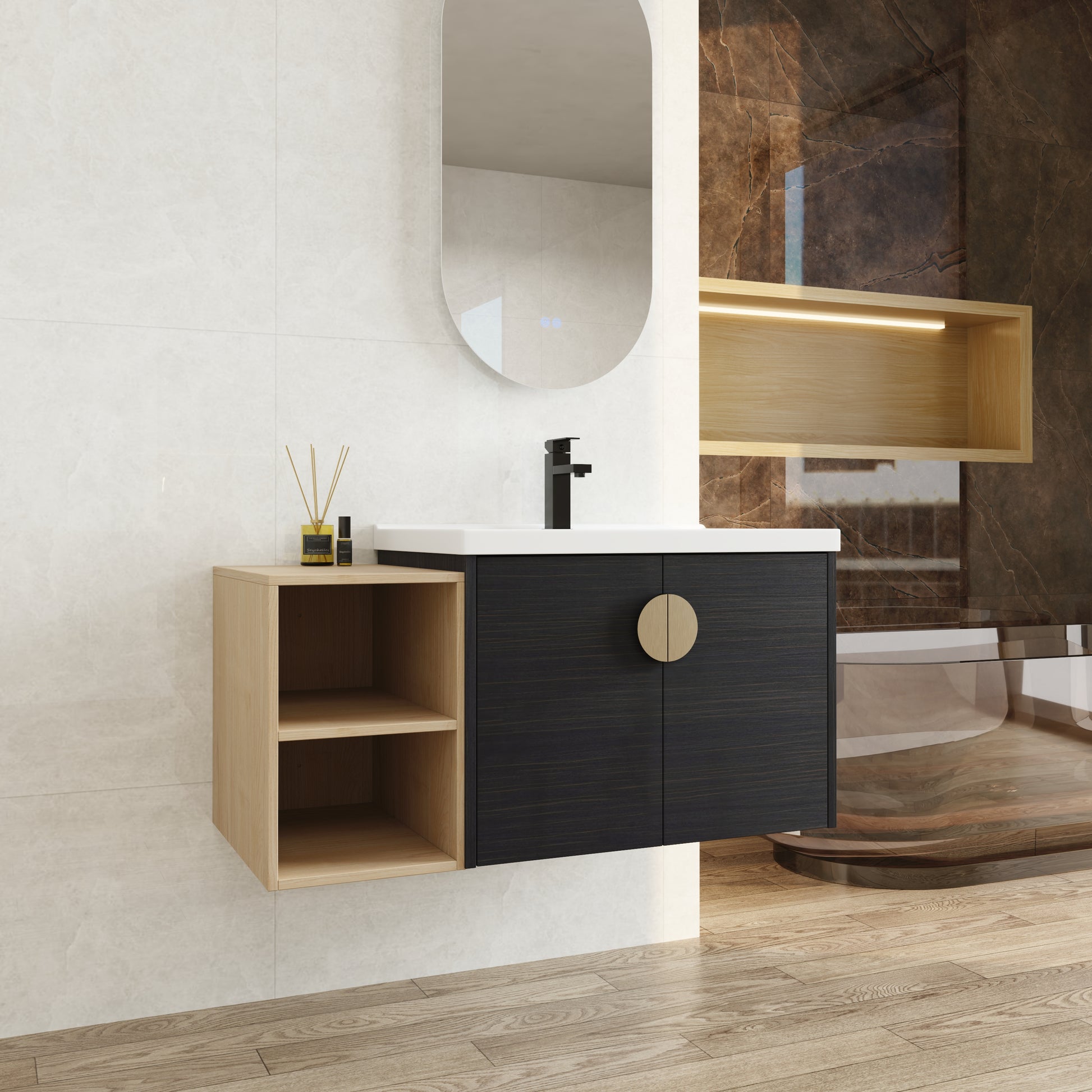 40 Inch Soft Close Doors Bathroom Vanity With Sink, And A Small Storage Shelves Bvc06328Bct Bvc07412Ltk Black Chestnut 2 1 Bathroom Wall Mounted Modern Plywood