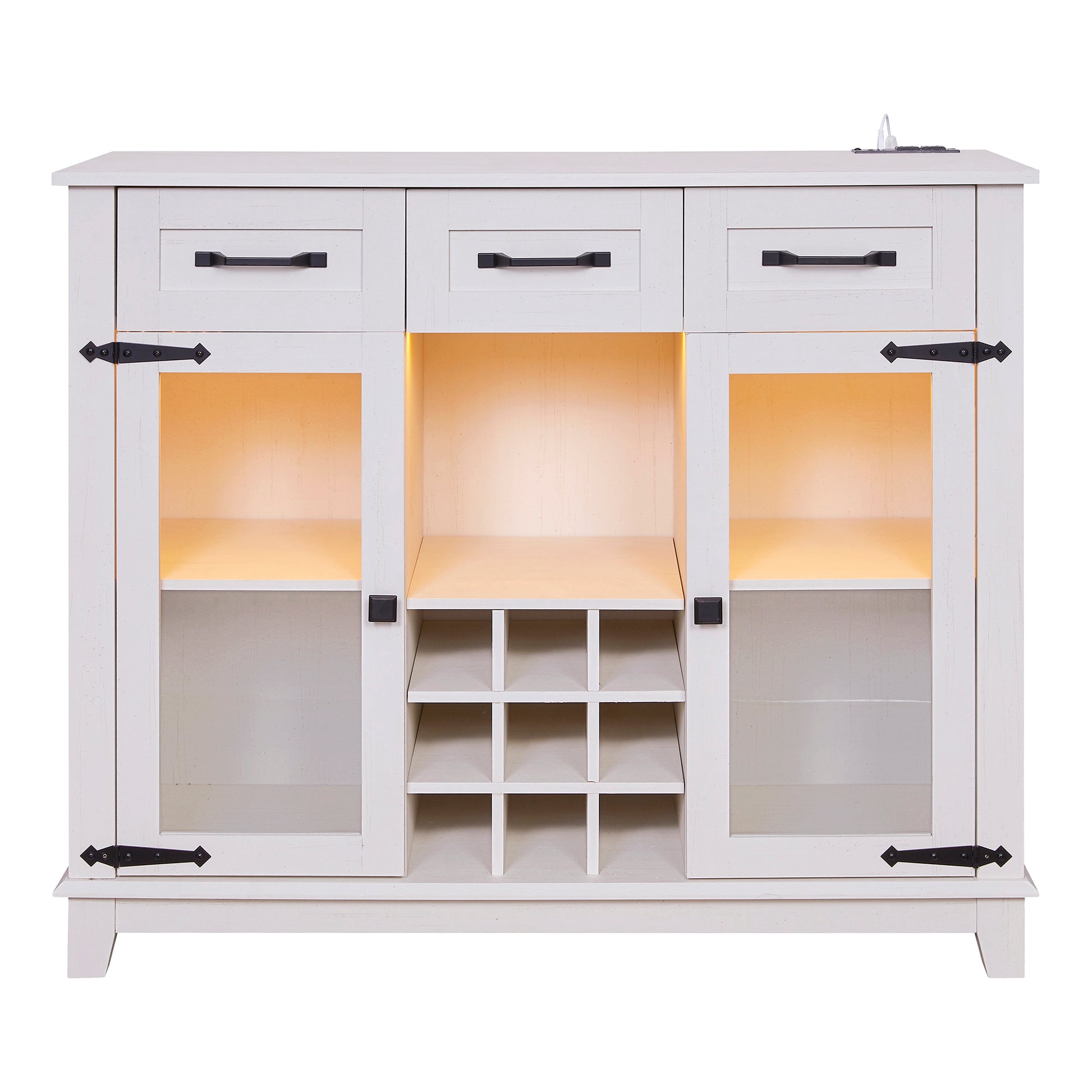 42" Modern Farmhouse Sideboard Buffet Coffee Bar Cabinet Storage Cabinet With Led Charging Station, Wine & Glass Rack,3 Drawers, For Kitchen, Dining Room, Living Room Antique White White Classic Mdf