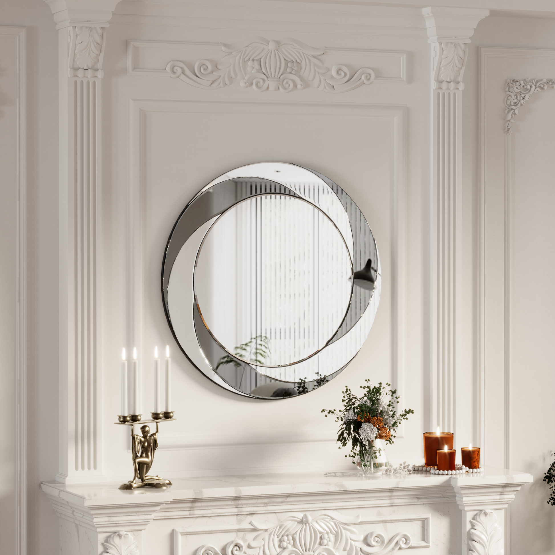 24 Inch Wall Mounted Silver Decorative Round Wall Mirror For Home, Living Room, Bedroom, Entryway Silver Grey Mdf Glass