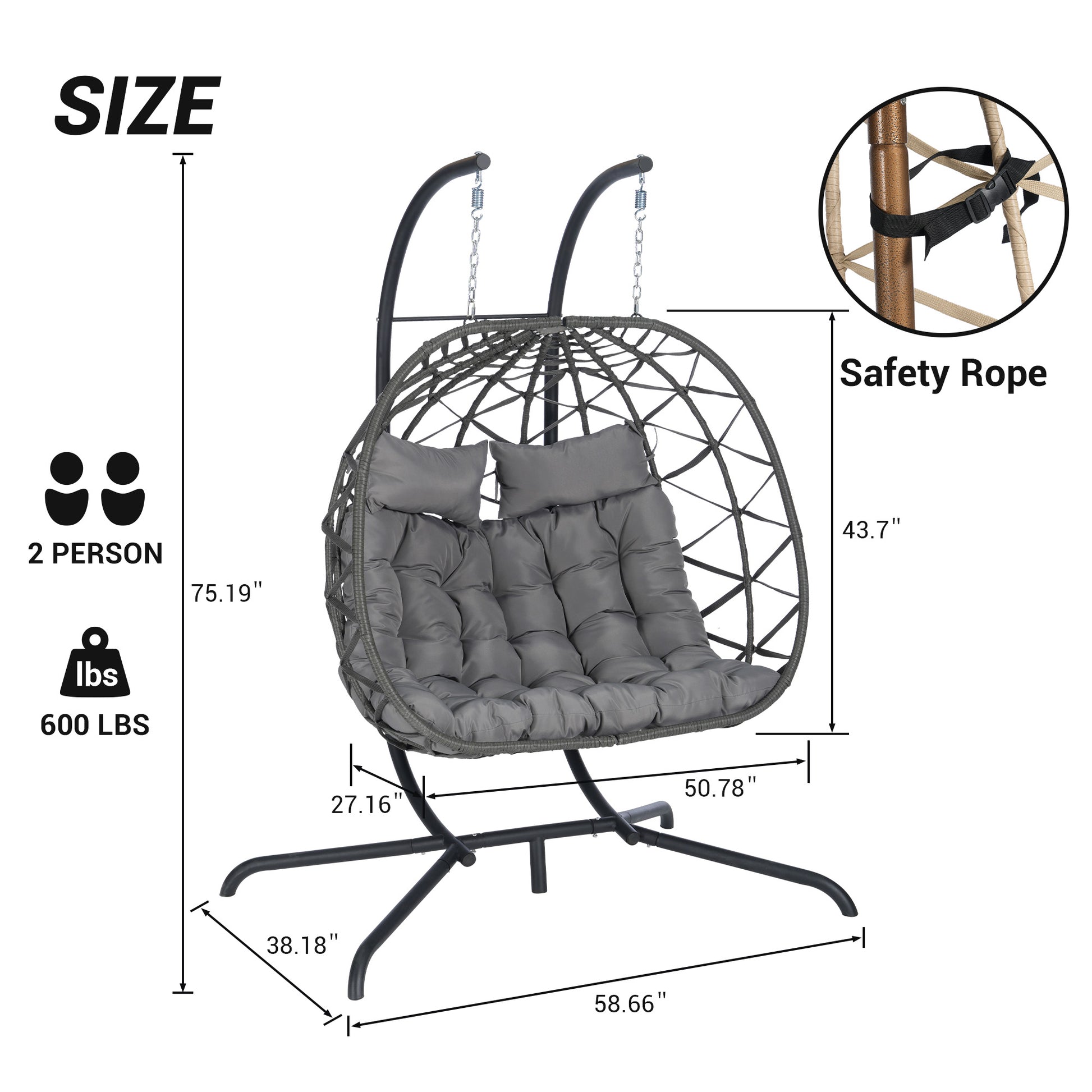 2 Person Outdoor Rattan Hanging Chair Patio Wicker Egg Chair Yes Complete Patio Set Dark Gray Uv Resistant Frame Water Resistant Cushion Garden & Outdoor American Design,American Traditional 2 Person Seating Group Polyethylene Rattan