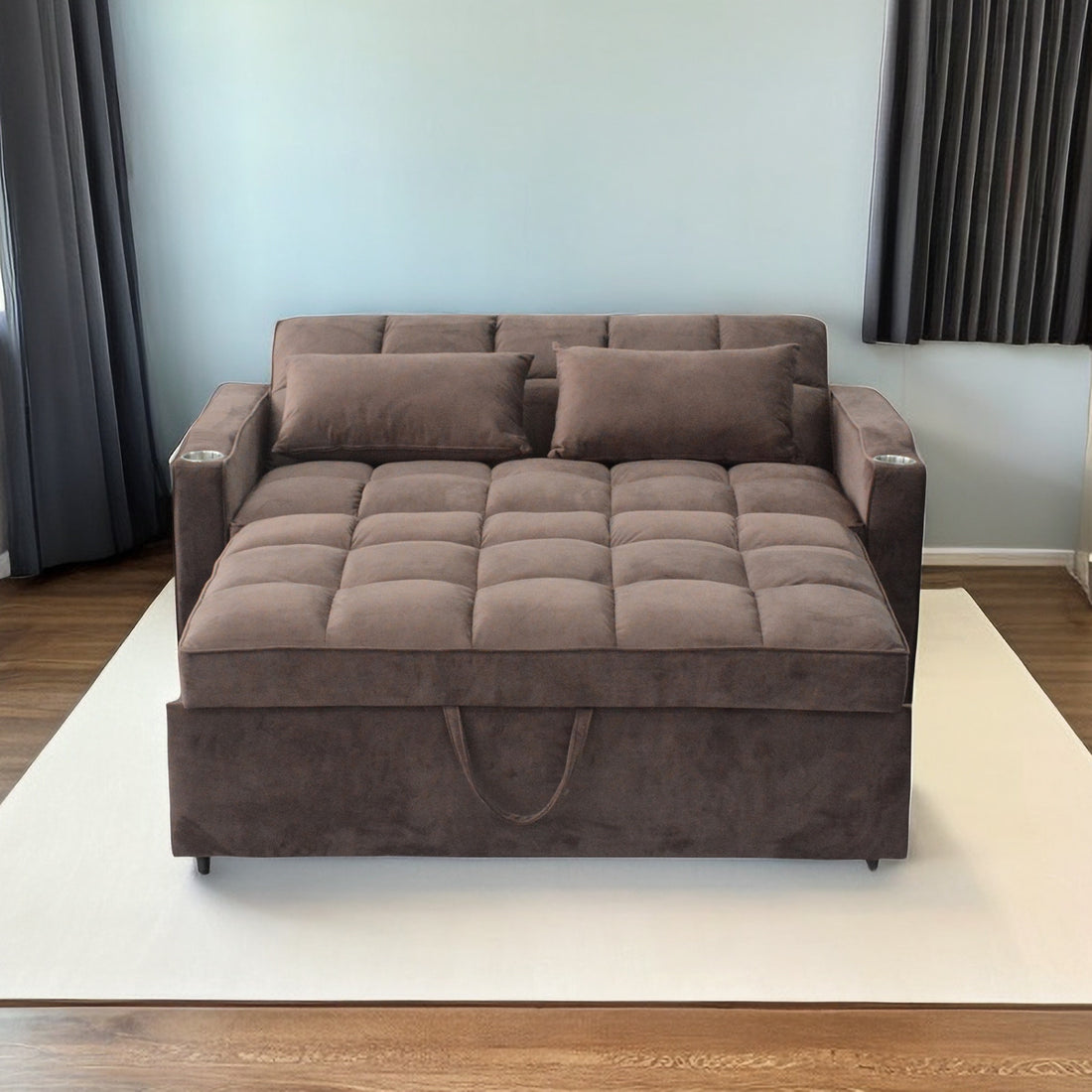 Lazy Sofa Bed, Luxury Three In One Sofa Bed, Modern Seating Foldable Sofa Bed, Sofa Velvet Pull Out Bed, Adjustable Back With Three Usb Ports, Two Side Pockets, Two Cup Holders For Living Room