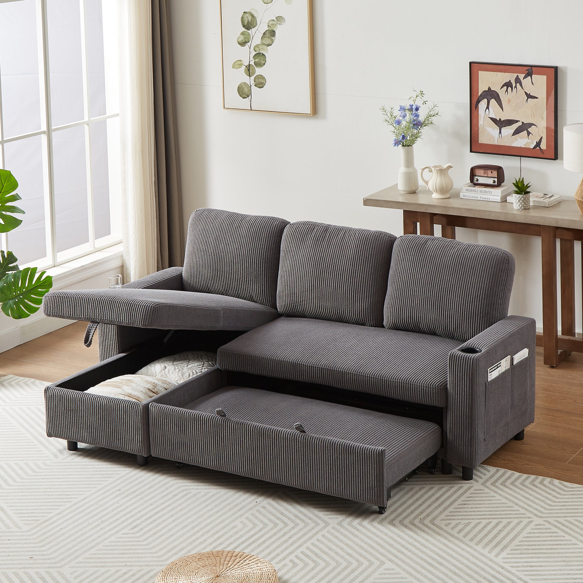 Fx78.7" Comfortable Corduroy L Shaped Combo Sofa Bed, Living Room Furniture Set For Tight Spaces, Reversible Sleeper Combo Sofa With Pullout Bed, Reversible Sofa Bed For Living Room,W1926S00011 Grey Wood Primary Living Space Foam Corduroy 3 Seat