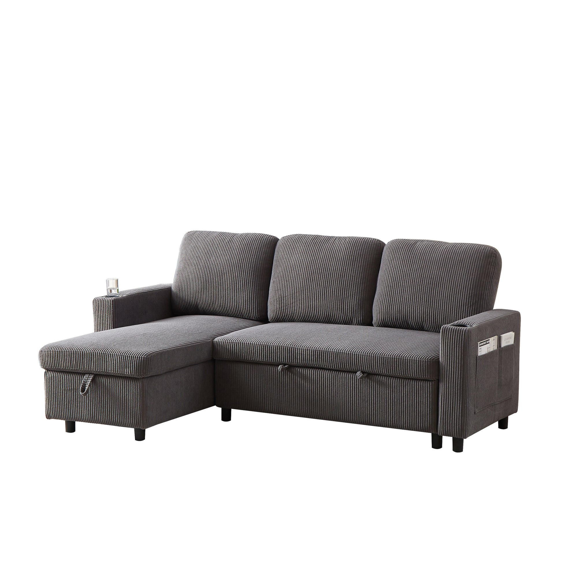 Fx78.7" Comfortable Corduroy L Shaped Combo Sofa Bed, Living Room Furniture Set For Tight Spaces, Reversible Sleeper Combo Sofa With Pullout Bed, Reversible Sofa Bed For Living Room, Office, Apartment Grey Wood Primary Living Space Foam Corduroy 3 Seat