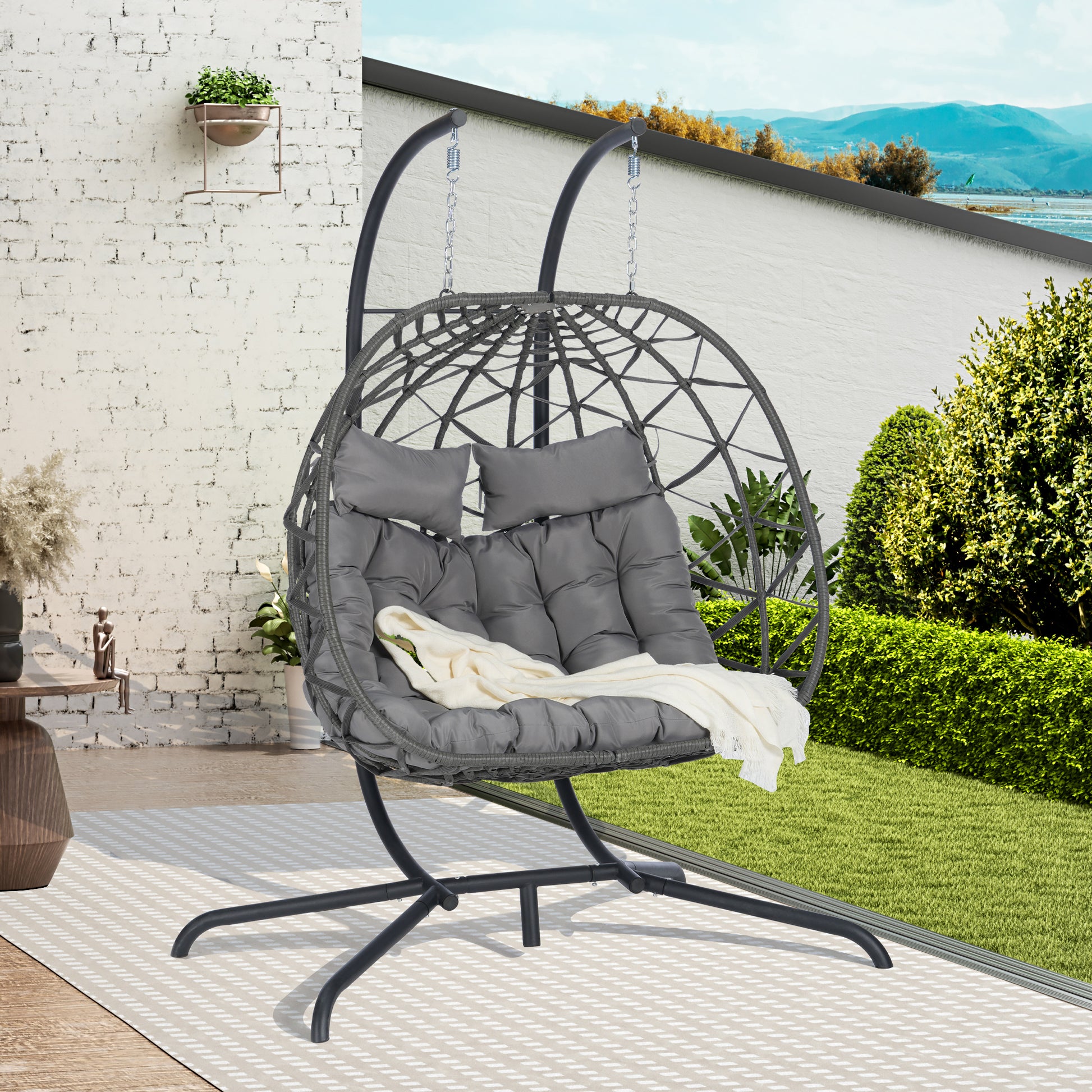 2 Person Outdoor Rattan Hanging Chair Patio Wicker Egg Chair Yes Complete Patio Set Dark Gray Uv Resistant Frame Water Resistant Cushion Garden & Outdoor American Design,American Traditional 2 Person Seating Group Polyethylene Rattan