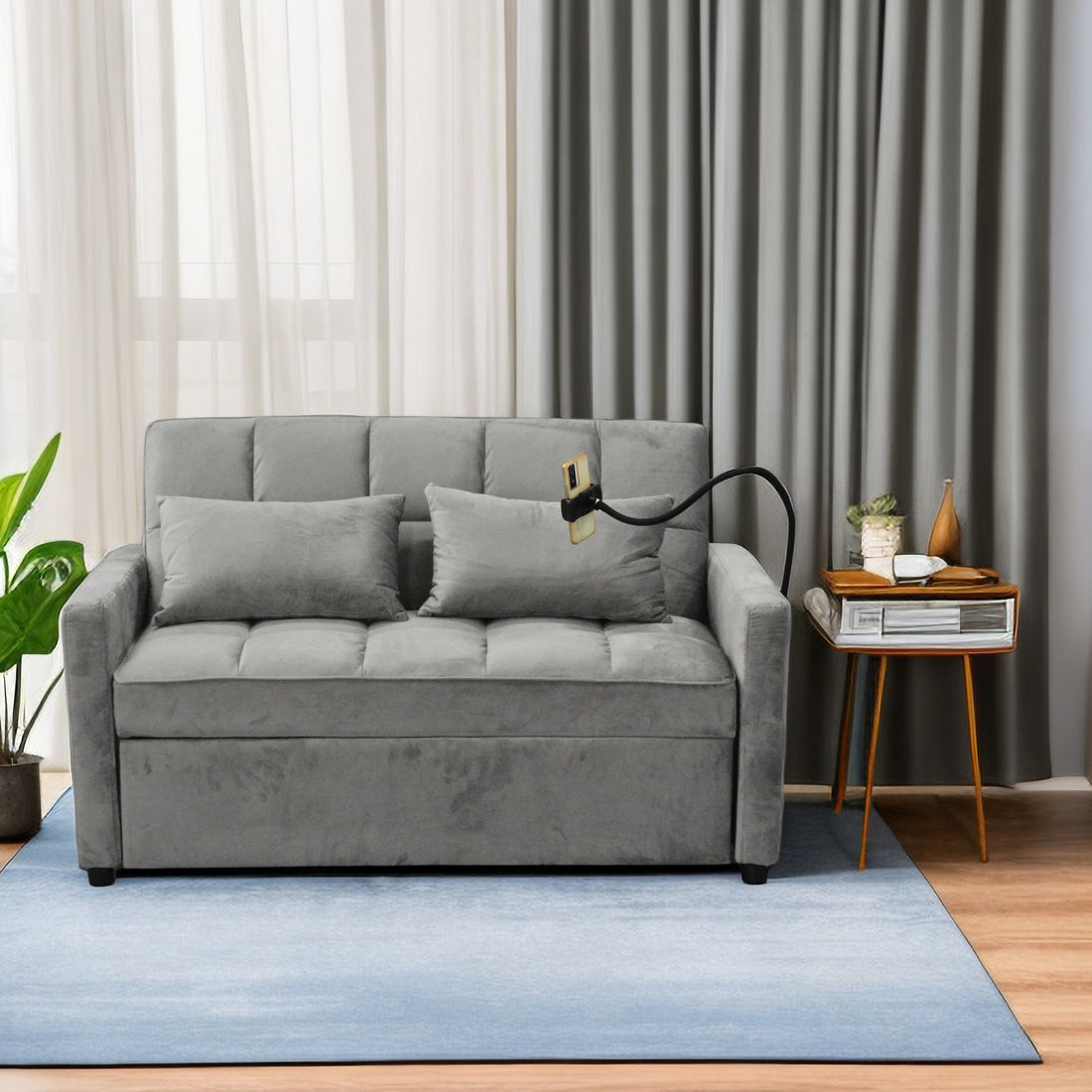 Modern Velvet Loveseat Futon Sofa Couch Pullout Bed, 55.33" Beautiful Seat Lounge Sofa Bed ,Armrest With Three Usb Ports, Two Side Pockets, Two Cup Holders And 360 Swivel Phone Holder For Living Room, Grey Gray Wood Primary Living Space Heavy Duty Pine 2