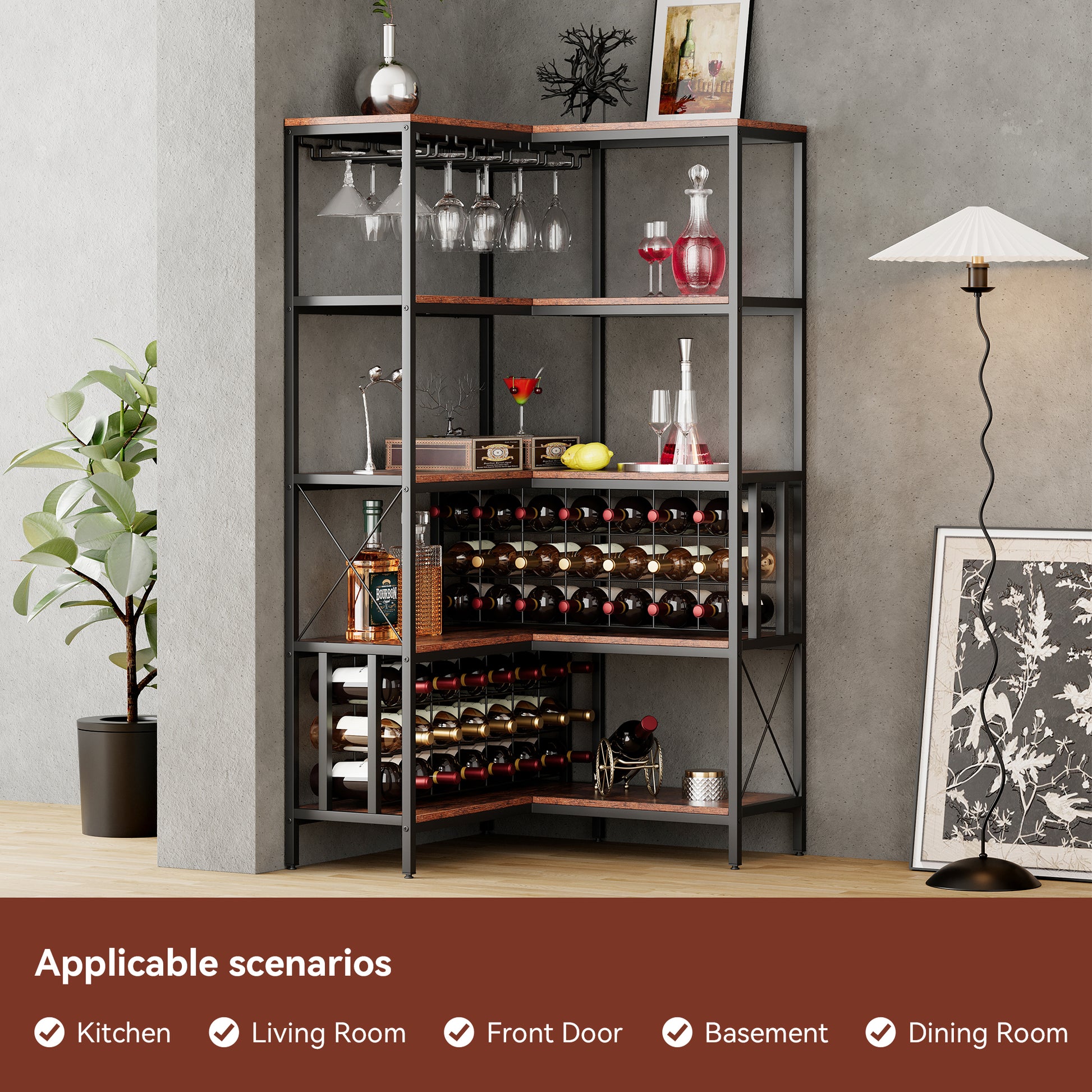 Corner Wine Rack Bar Cabinet Industrial Freestanding Floor Bar Cabinets For Liquor And Glasses Storage For Home Kitchen Walnut Black Dining Room Industrial Mdf Metal