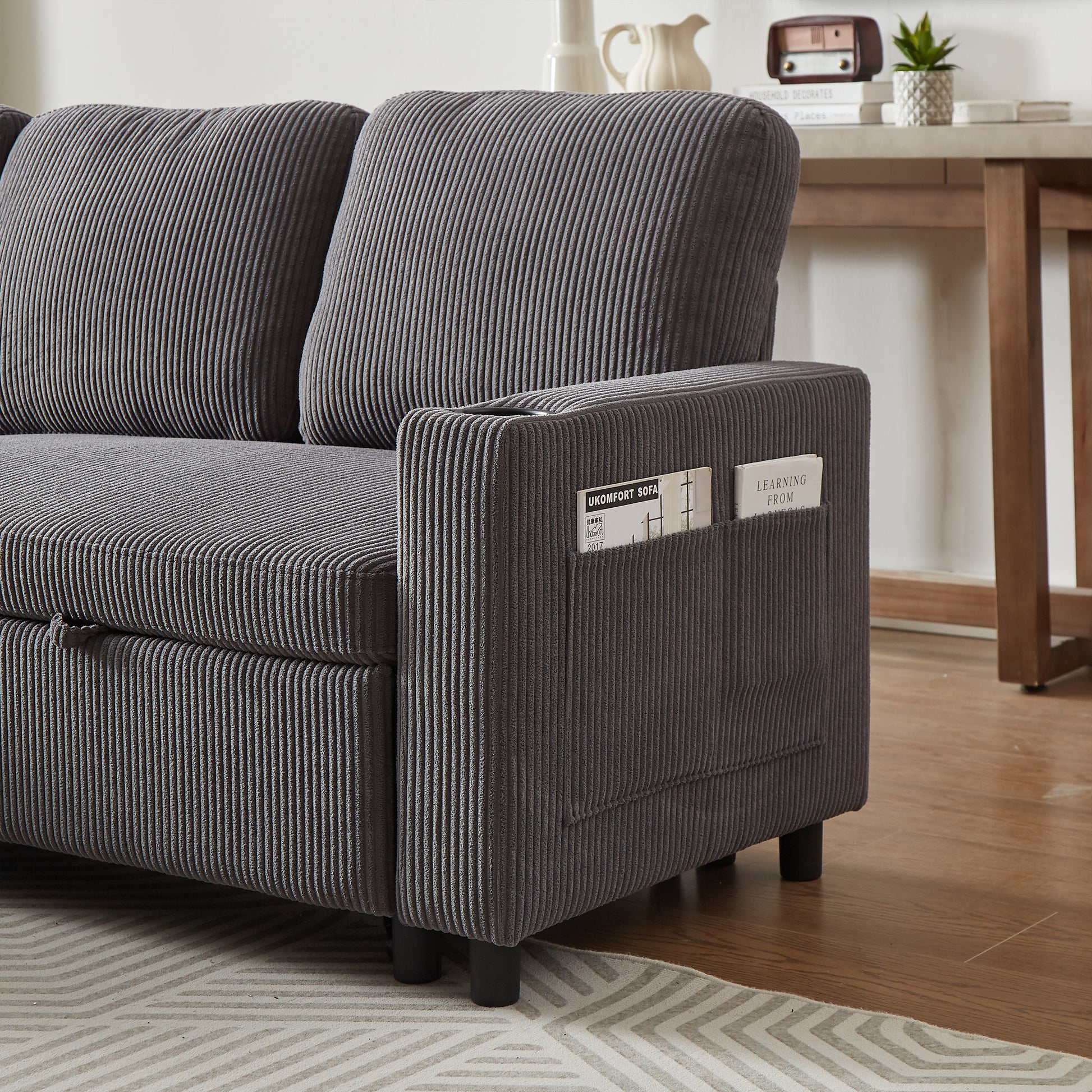 Fx78.7" Comfortable Corduroy L Shaped Combo Sofa Bed, Living Room Furniture Set For Tight Spaces, Reversible Sleeper Combo Sofa With Pullout Bed, Reversible Sofa Bed For Living Room,W1926S00011 Grey Wood Primary Living Space Foam Corduroy 3 Seat