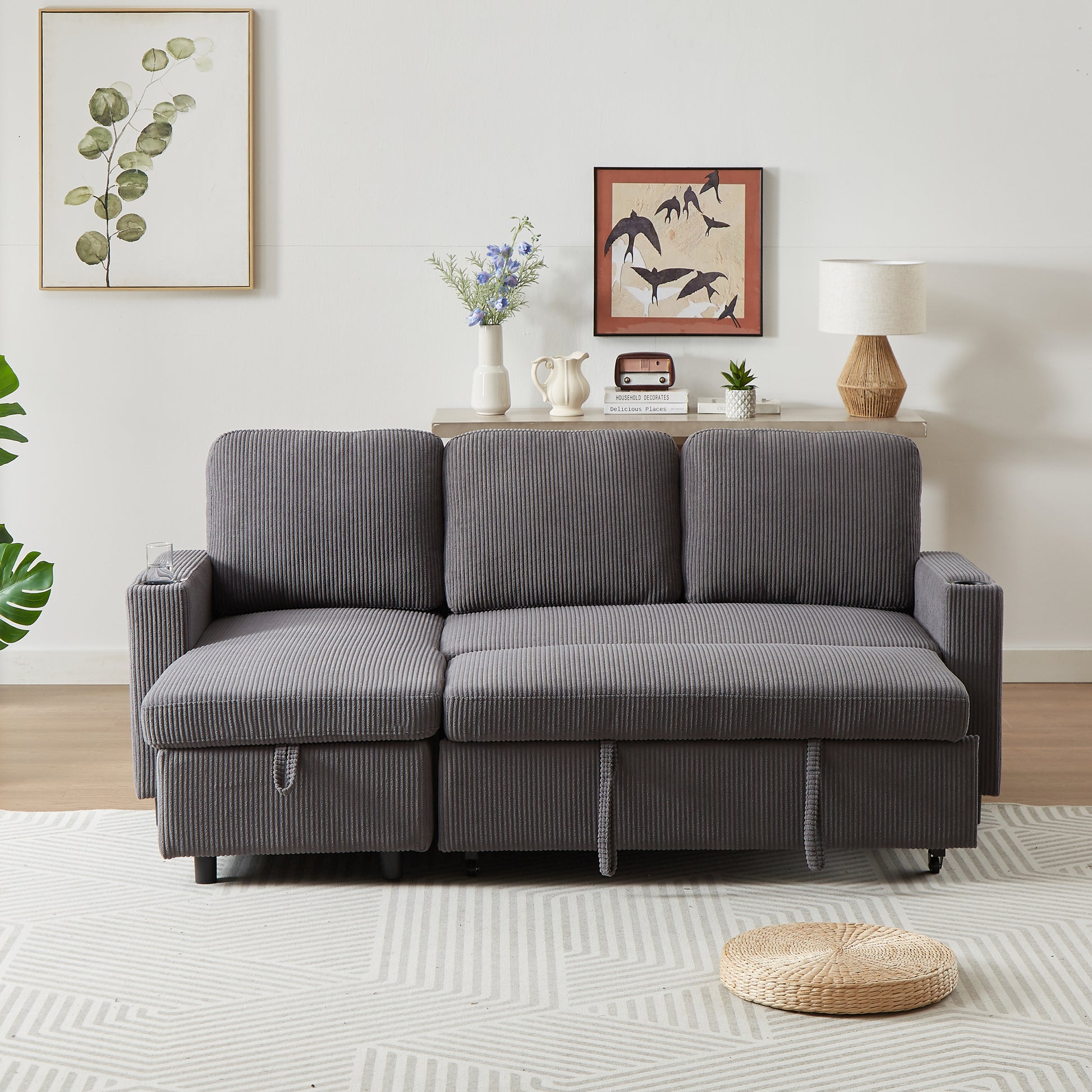 Fx78.7" Comfortable Corduroy L Shaped Combo Sofa Bed, Living Room Furniture Set For Tight Spaces, Reversible Sleeper Combo Sofa With Pullout Bed, Reversible Sofa Bed For Living Room, Office, Apartment Grey Wood Primary Living Space Foam Corduroy 3 Seat