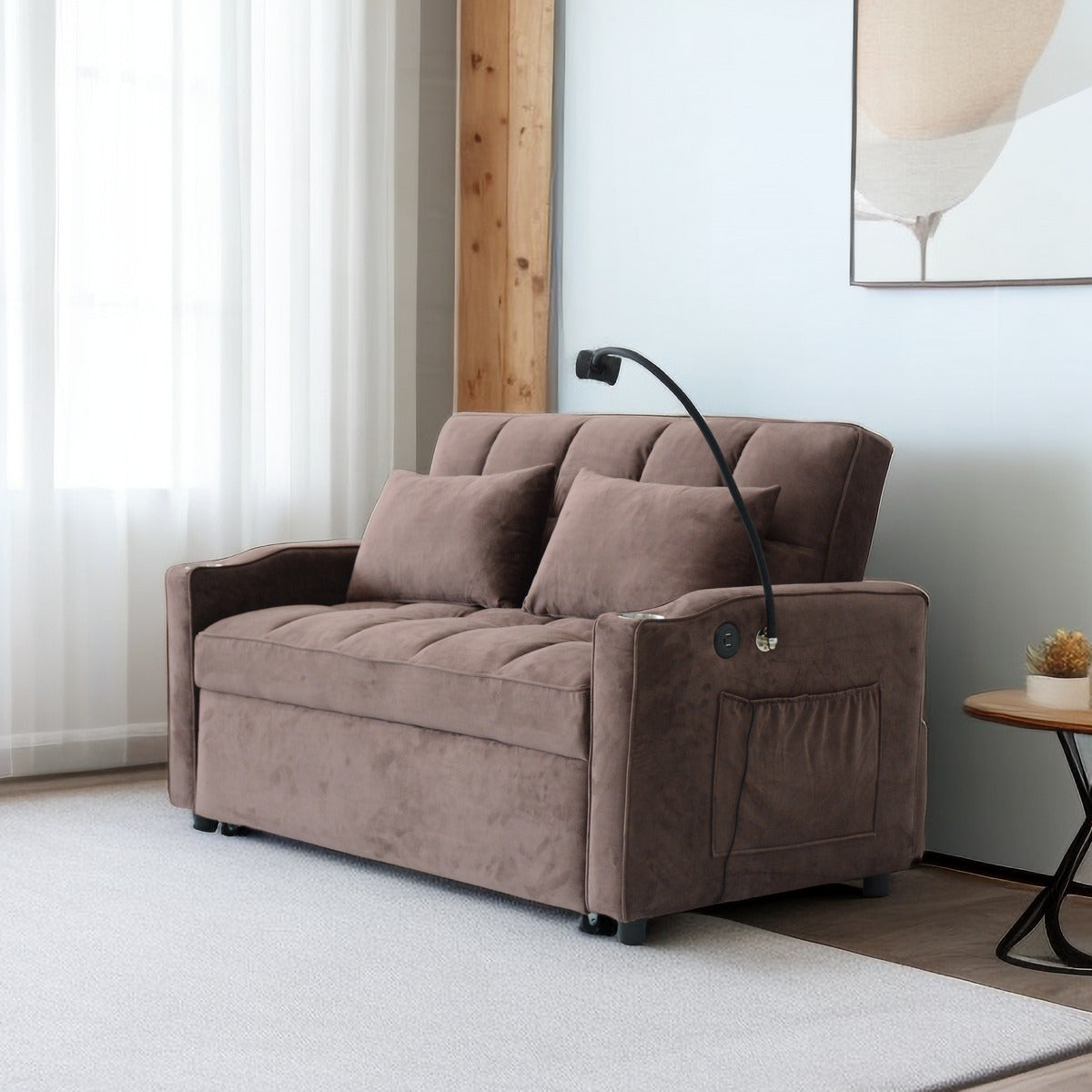 Lazy Sofa Bed, Convertible Sofa Bed Loveseat Sofa With Three Usb Ports, Two Side Pockets, Two Cup Holders And 360 Swivel Phone Holder For Living Room, Brown Brown Brown Velvet Wood Primary Living Space Soft Cushion Back Heavy Duty Modern Pine Foam Velvet